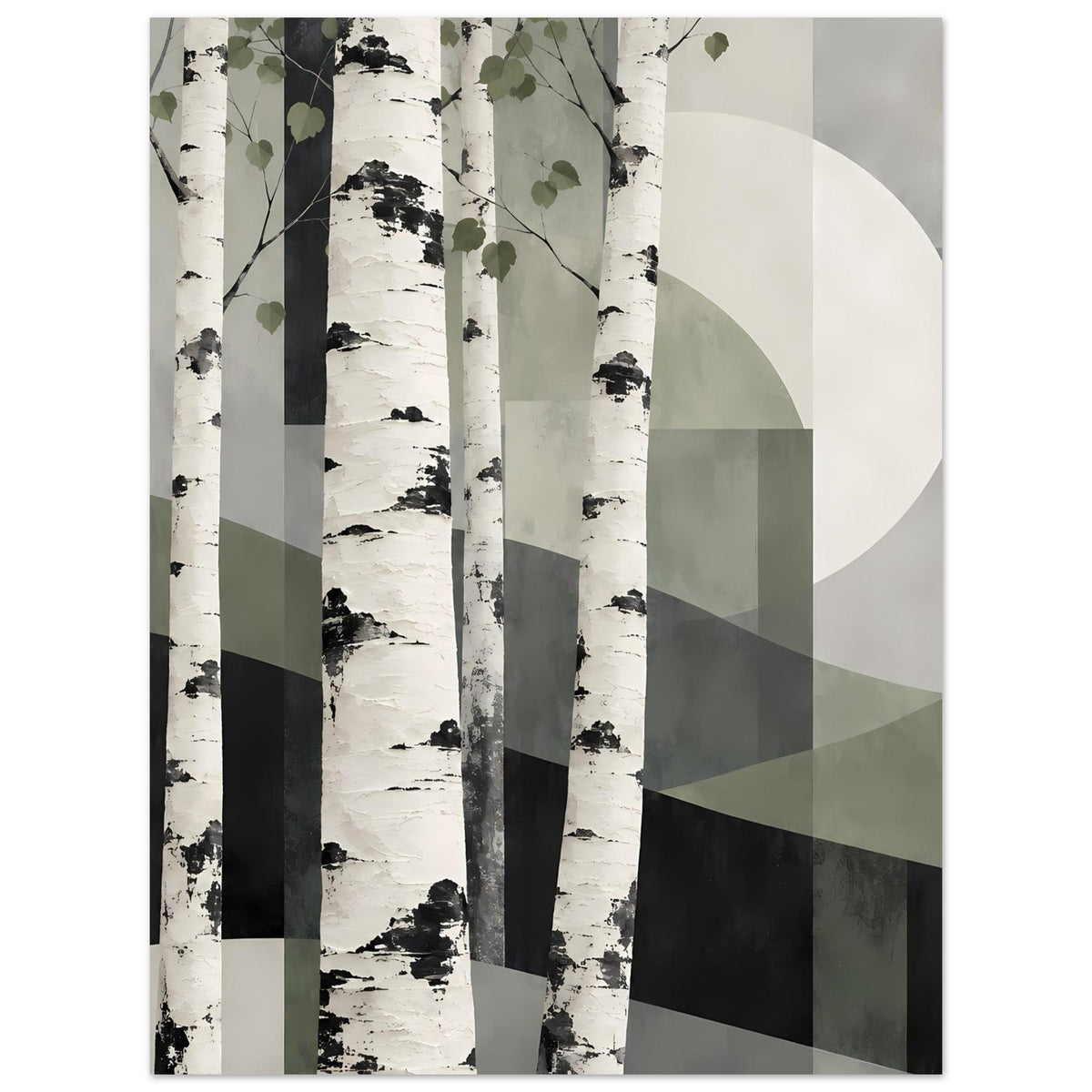 Naturposter mit Birkenwald-Abstraktion, weiße Stämme, matte Grünflächen und große Kreisform
