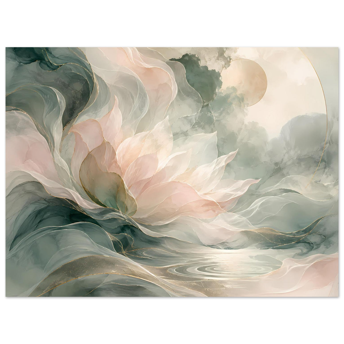 Abstraktes Blumenposter mit pastellfarbenen Blüten und grünen Wellen, ruhiger Verlauf, horizontal