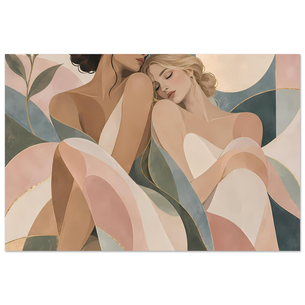 Kunstposter horizontal: Paargestaltung mit geschwungenen Flächen in Pastell und Goldakzenten