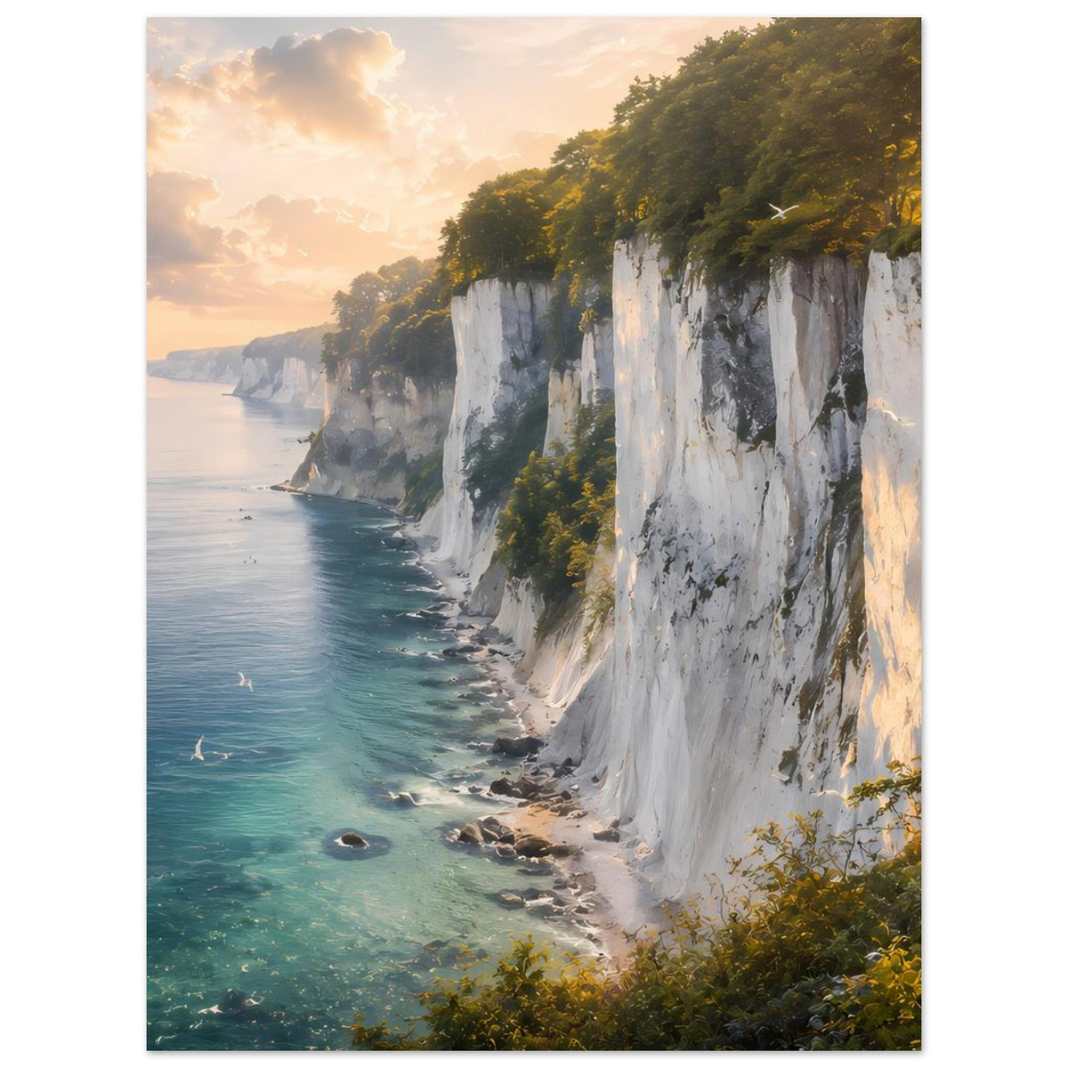 Poster: türkisblaues Wasser mit Küste und weißen Felsklippen, dazu grüne Baumkronen im Gegenlicht