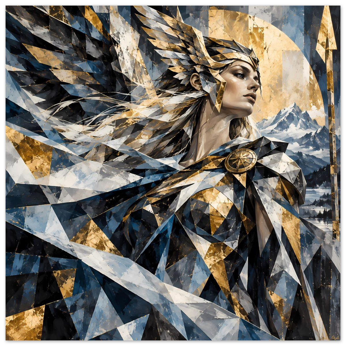 Geometrisches Poster mit Frauenprofil, goldenen und blauen Dreiecken, Krieger-Ornamenten