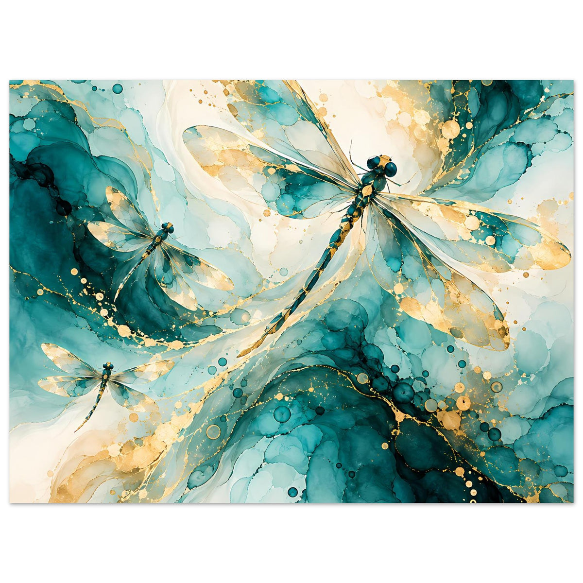 Kunstposter mit abstrakten Libellen in Türkis und Gold, Querformat, zentrale Libelle mit goldenen Punkten.