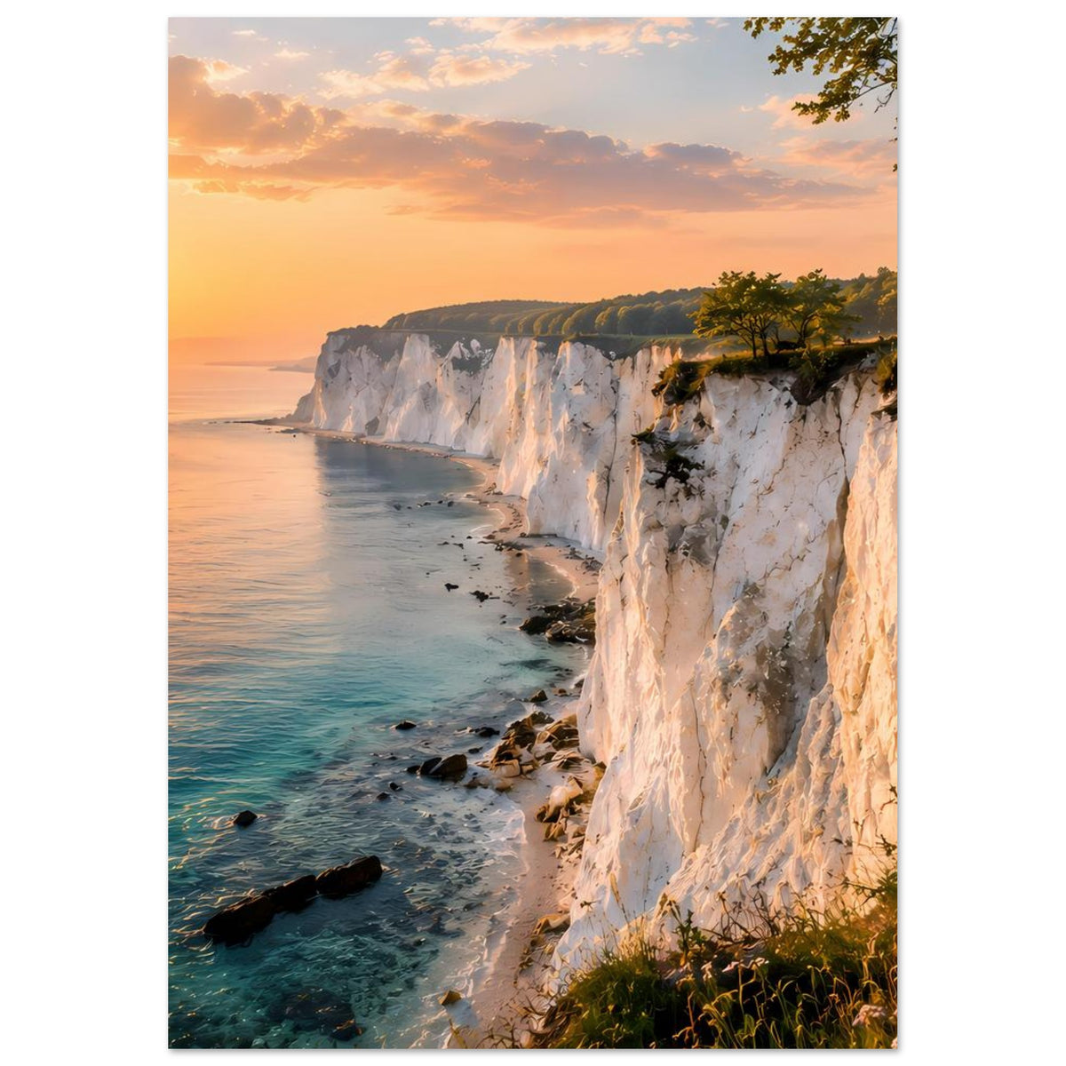 Poster im Hochformat mit Blick auf Steilküste, türkisblaues Meer und Abendsonne