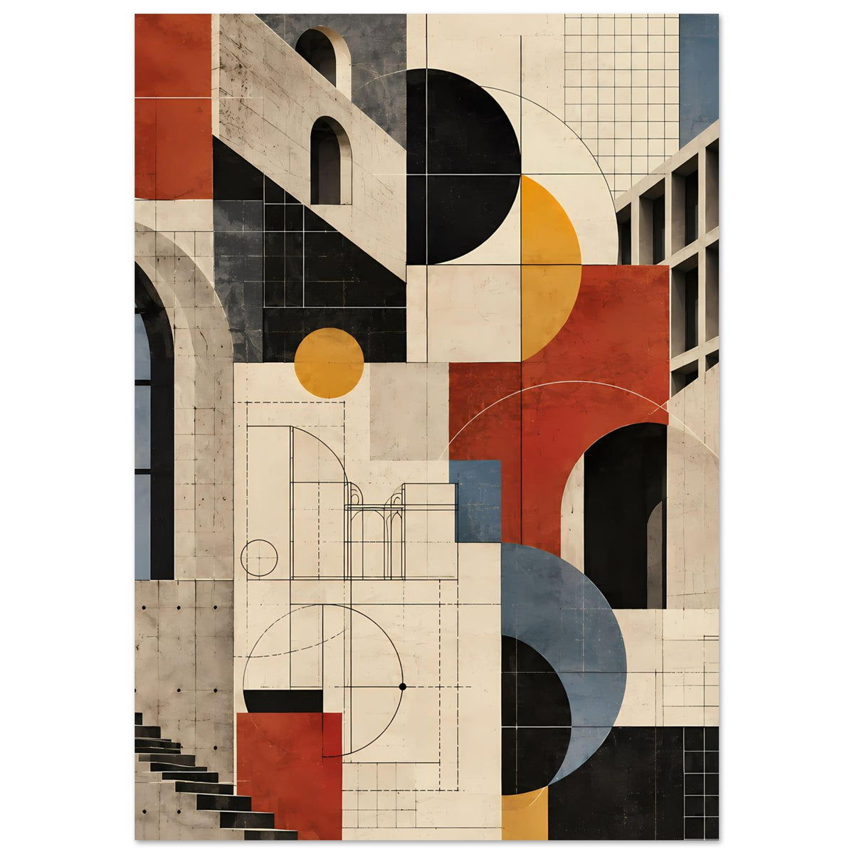 Kunstposter mit Architekturfragmenten, Bögen und dunklen Flächen in Terrakotta und Schieferblau