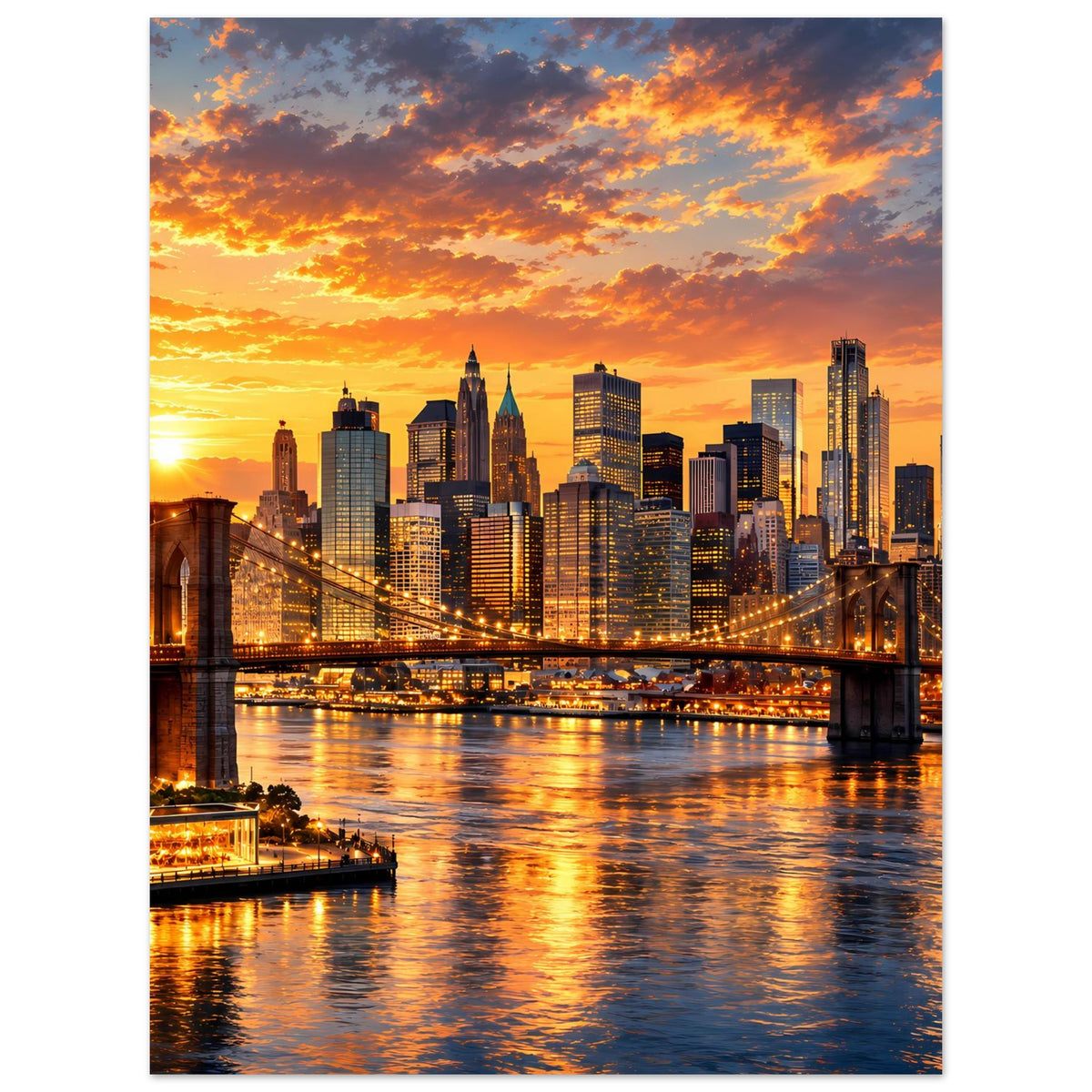 Stadtpanorama-Poster mit Brücke über dem Fluss und beleuchteter Skyline, vertikal.