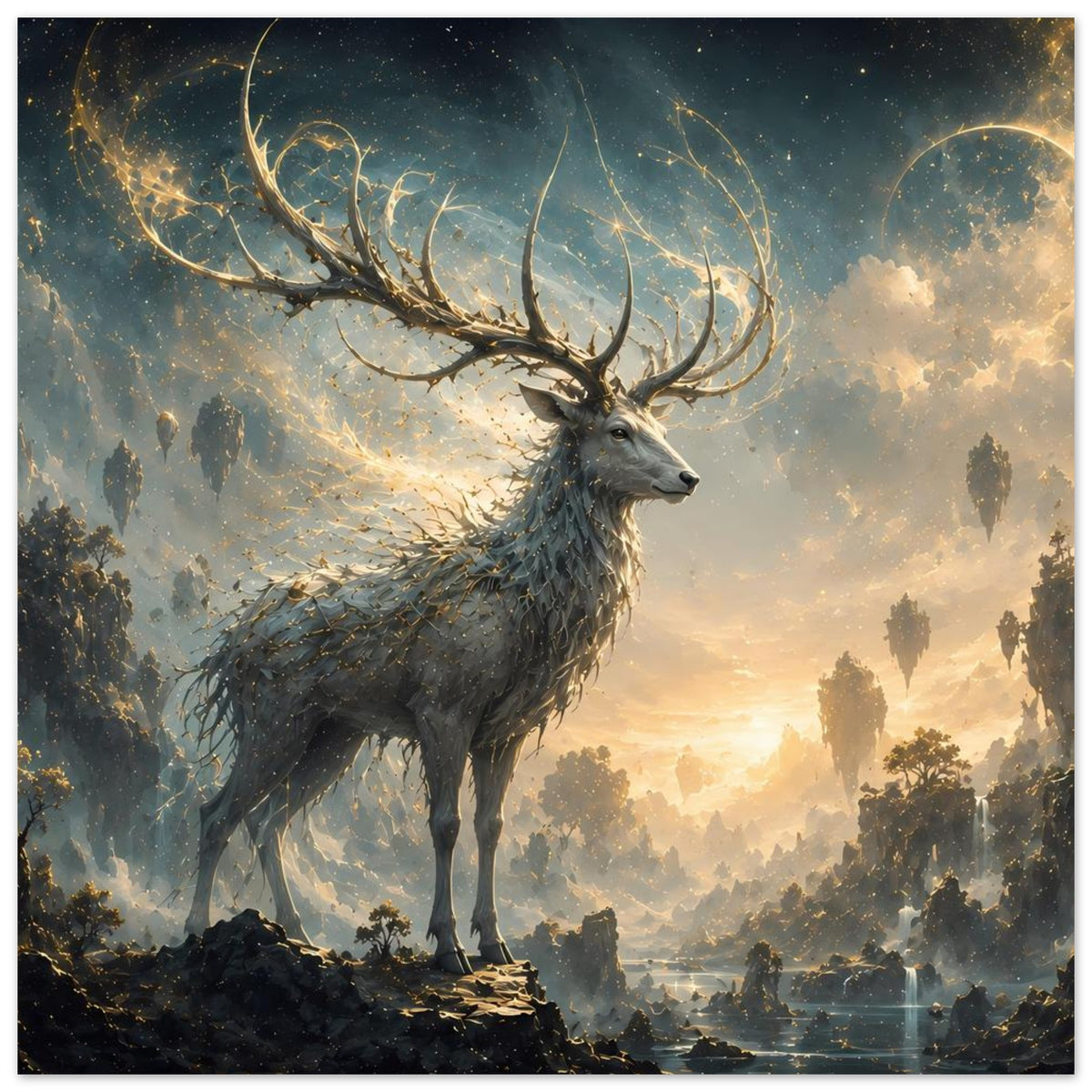 Fantasie-Druckposter mit Hirsch, dunklem Fell und hell schimmernden Geweihspitzen
