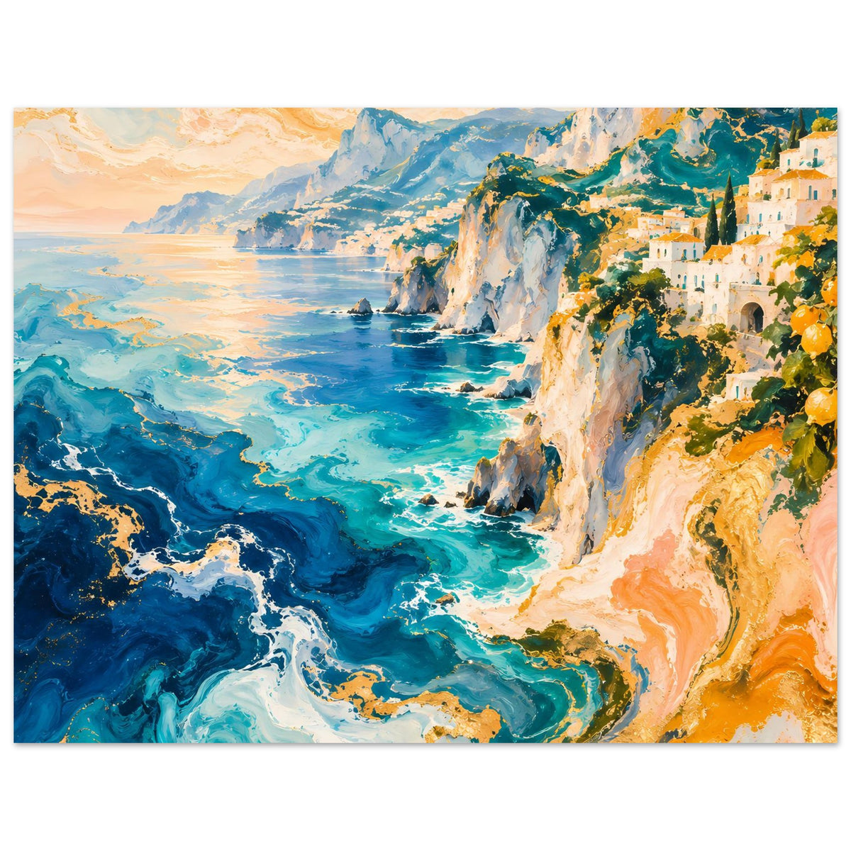 Horizontales Küstenposter: türkisblaues Meer, weiße Klippen und orangefarbene Küste