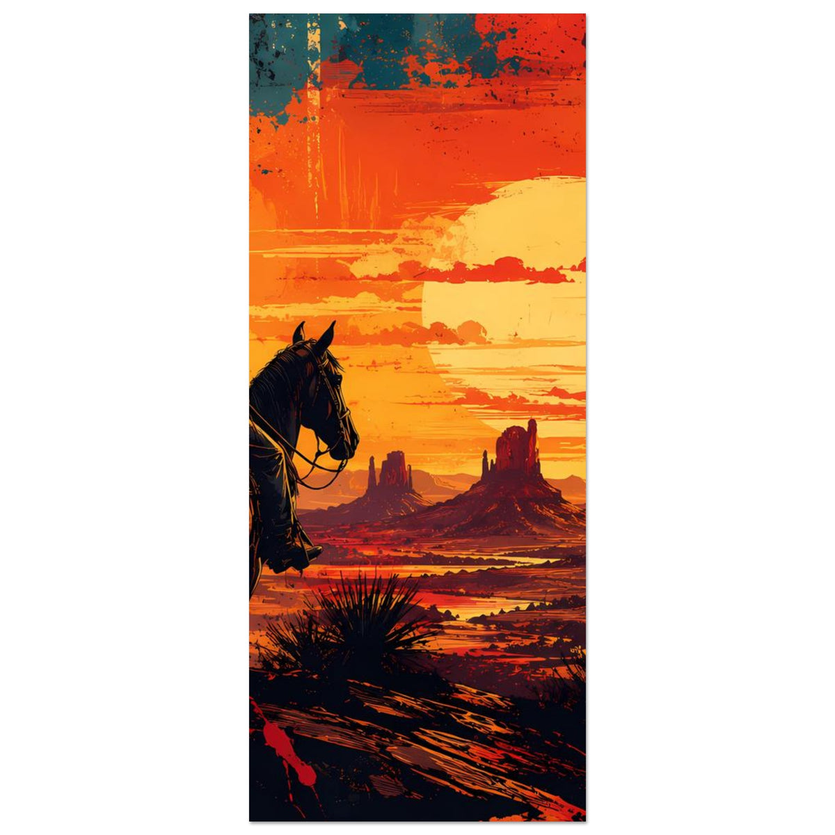 Western-Cowboy-Poster, hochformatig: Reiter auf Pferd vor Wüste mit großer Sonne