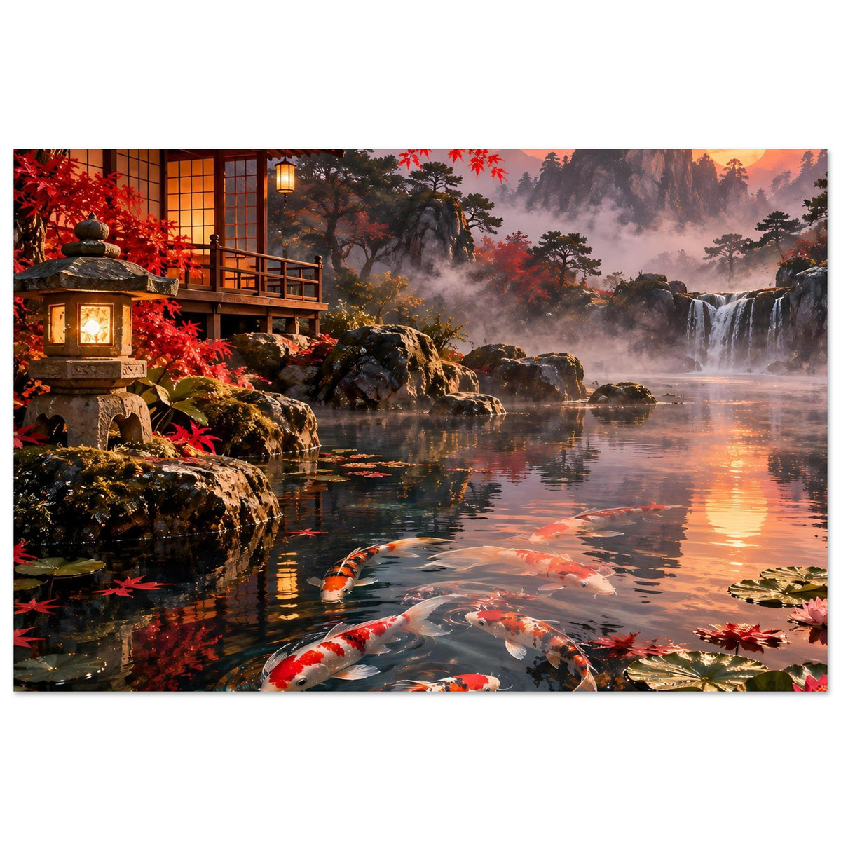 Poster (quer) mit Koi-Teich: Karpfen schwimmen nahe den Steinen, Wasserfall und rote Blätter.