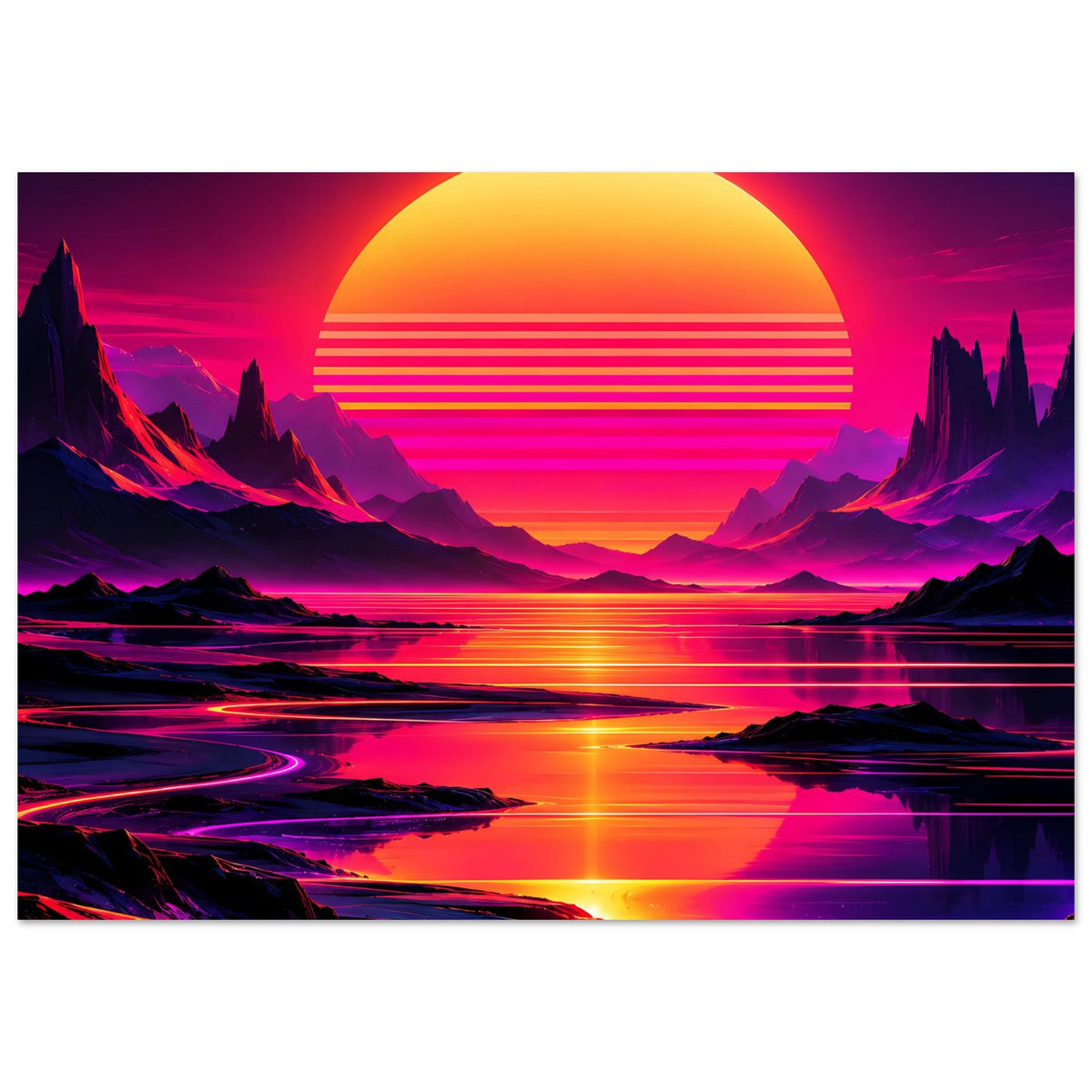 Neon-Poster im Hochformat mit großer gelber Sonne, Bergen, Neon-Lichtstreifen am Wasser.