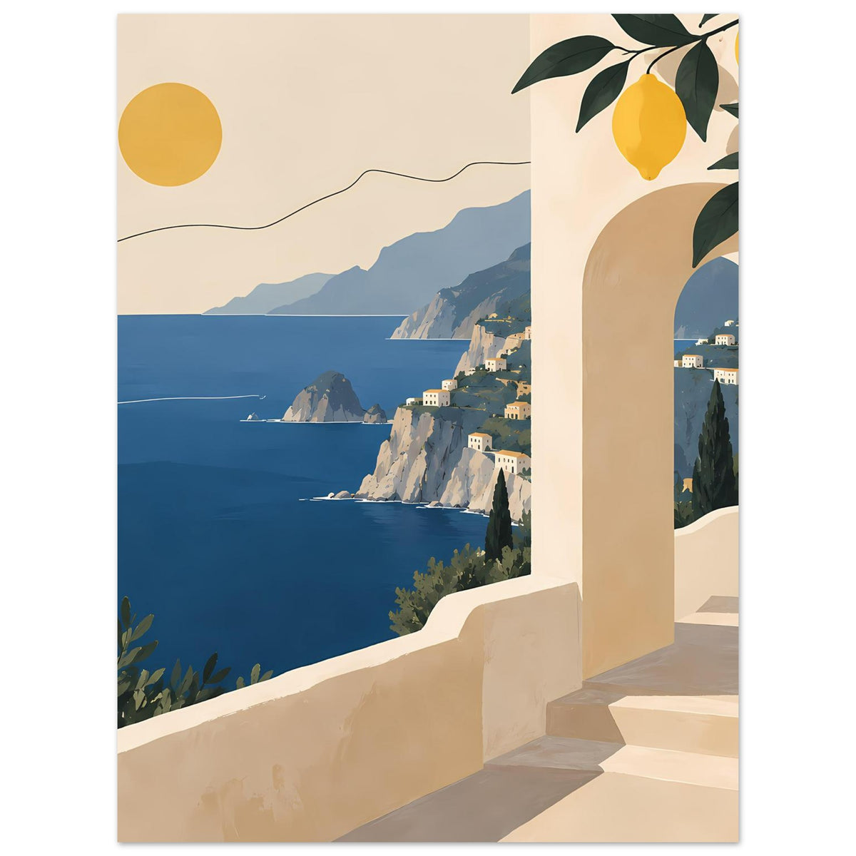 Mediterranes Landschaftsposter mit Meerblick, Häusern an der Felsküste und Zitronenzweig