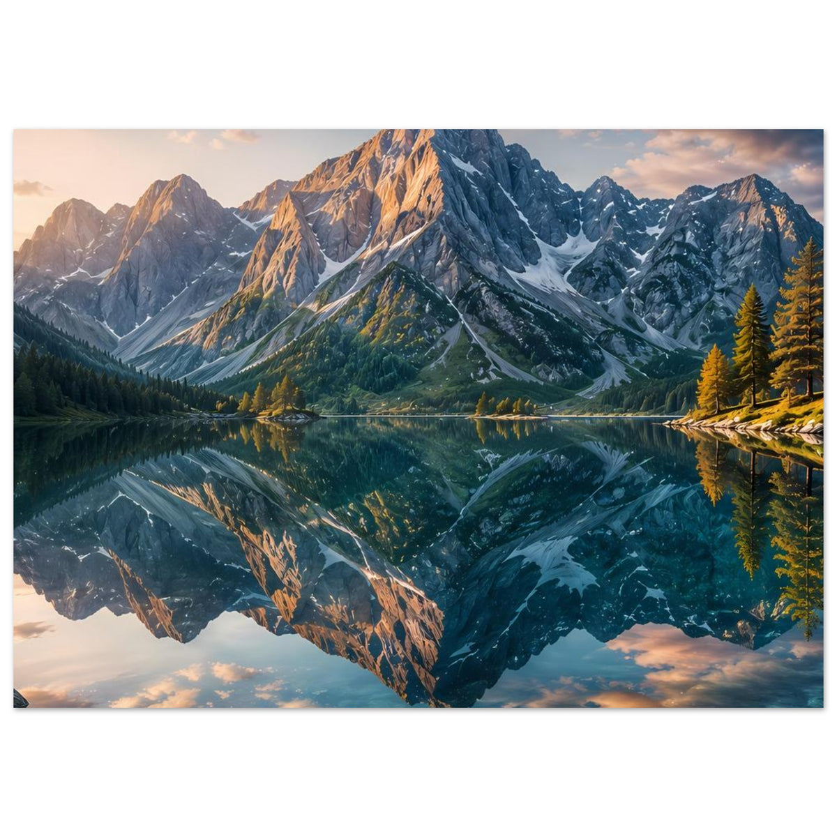 Landschafts-Poster mit Alpenbergen, spiegelndem See und Tannenwald, horizontal