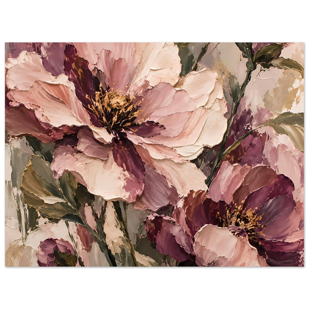 Blumenposter mit abstrakten Blüten in Rosa-, Mauve- und Beigetönen