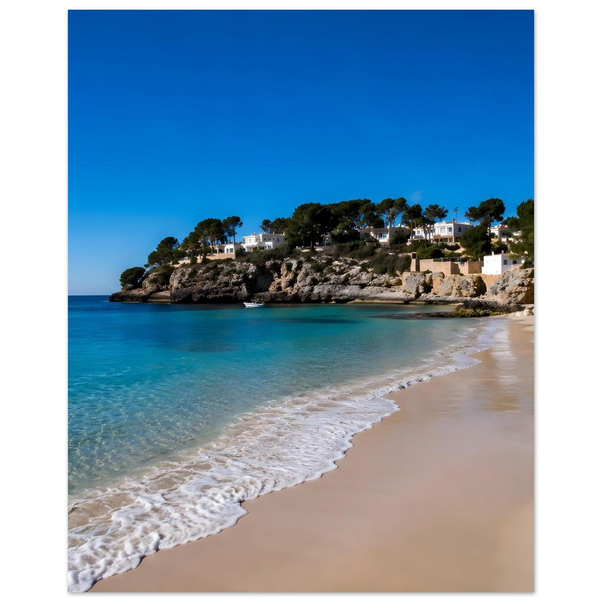 Meerstrand-Poster, Hochformat-Ausschnitt: Meerlinie, Sandstrand und Felsbucht
