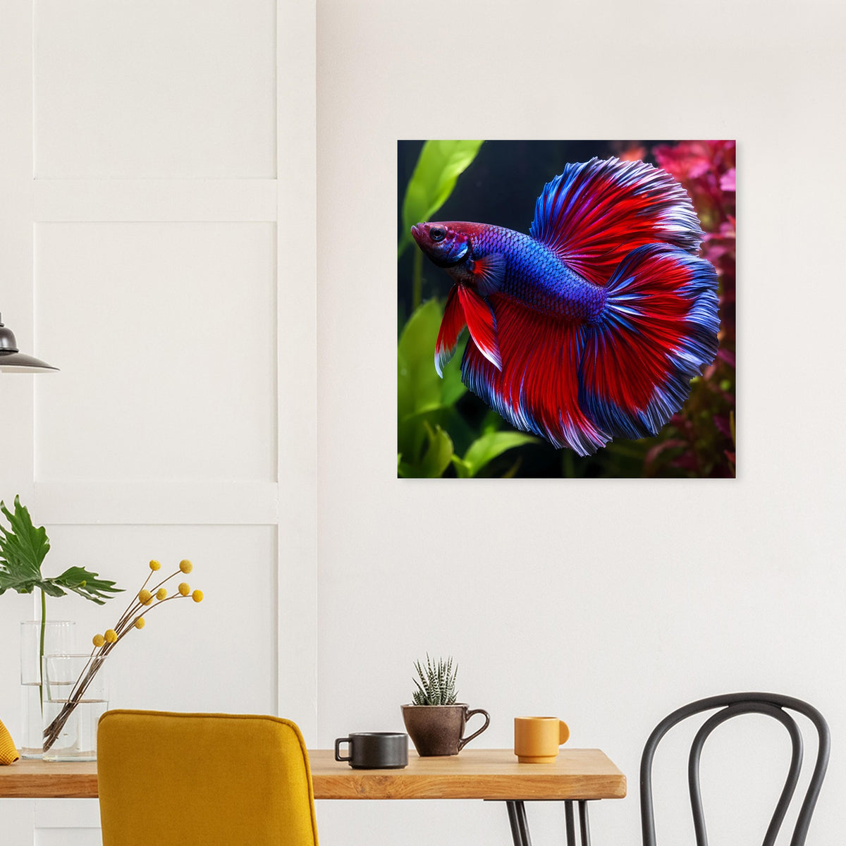 Quadratisches Wandposter mit Betta-Fisch in leuchtendem Blau und Rot
