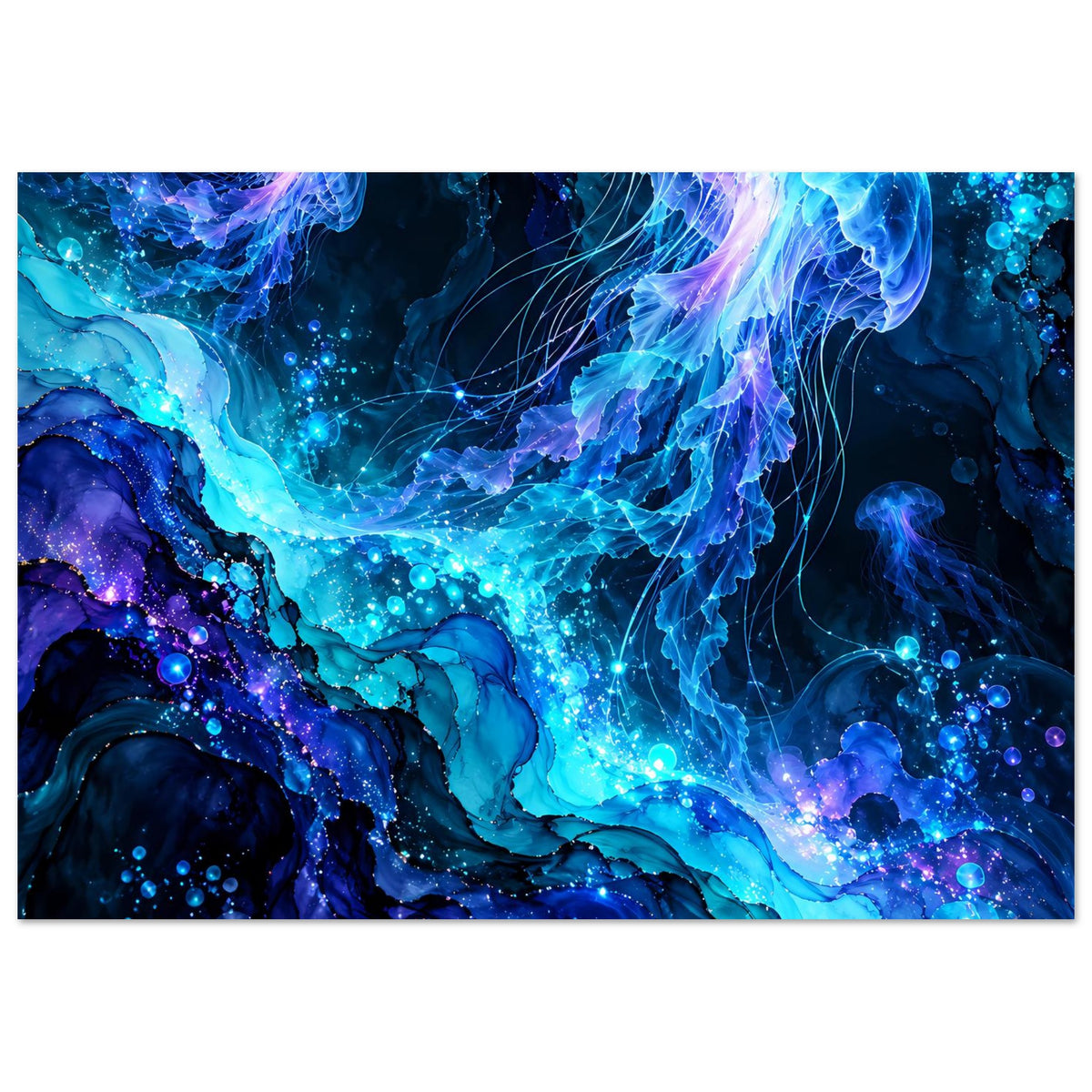 Unterwasser-Poster mit leuchtender Quallenwelle und blauen Punkten, blau-violett