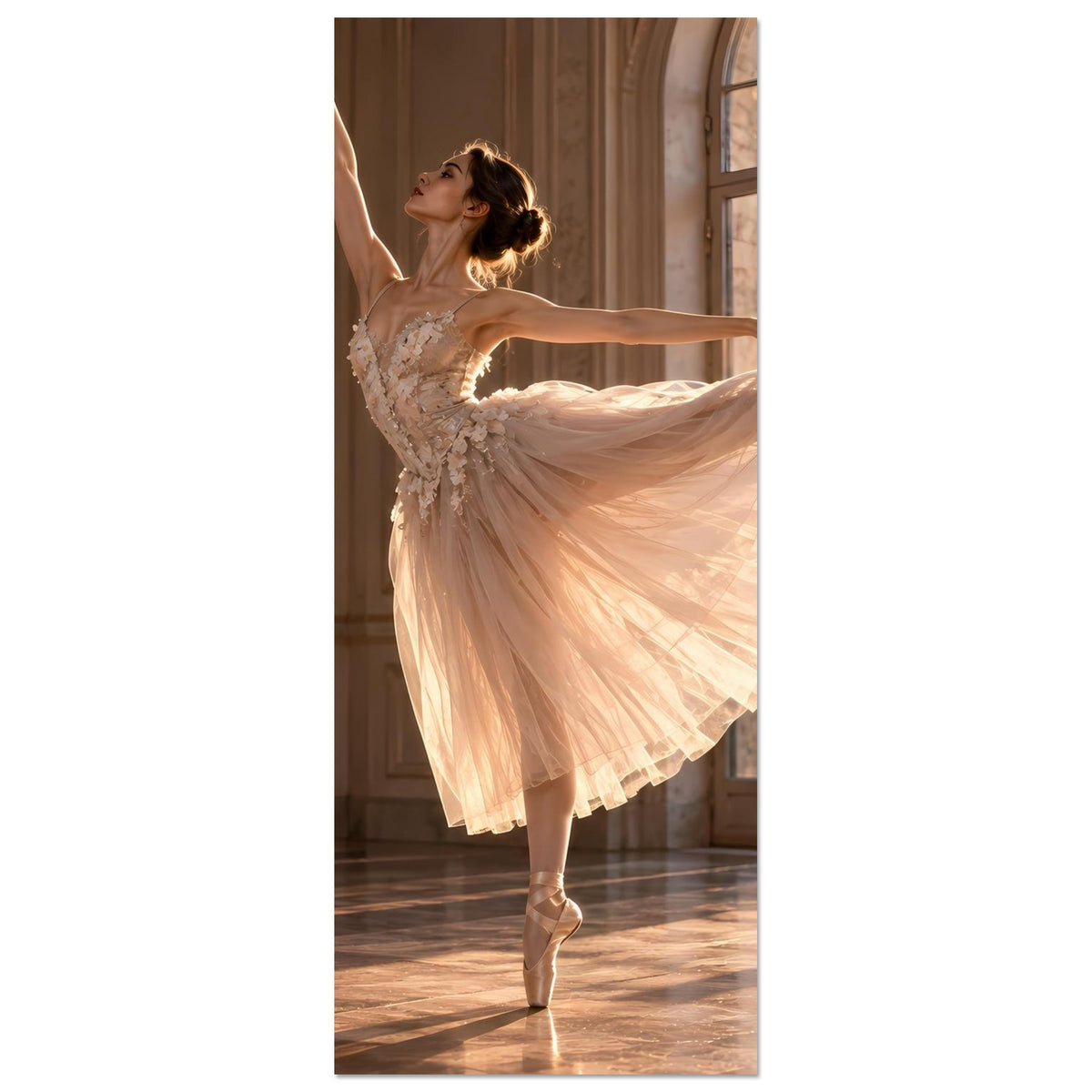Poster mit Ballerina im hellen Tüllkleid, engerer Ausschnitt, Rock entfaltet, Arm oben