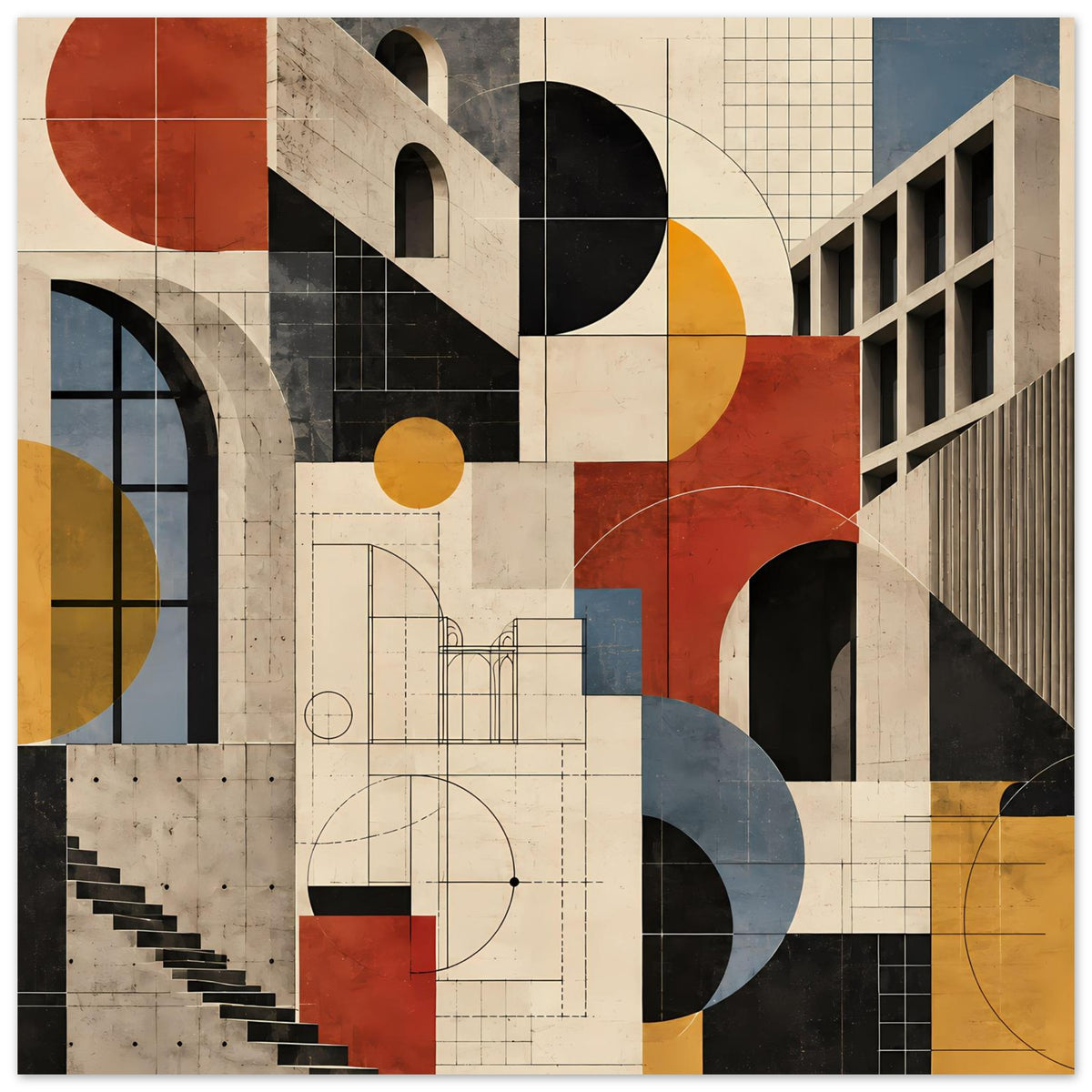 Kunstposter mit abstrakten Gebäudelinien, Bögen und Kreisen in Terrakotta und Schieferblau