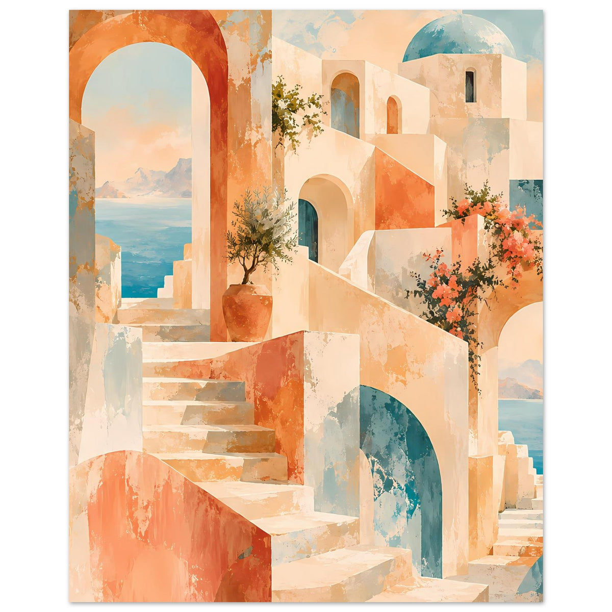 Mediterranes Traum-Landschaftsposter: Architektur mit orangefarbenen Bögen, Treppe und blühendem Strauch
