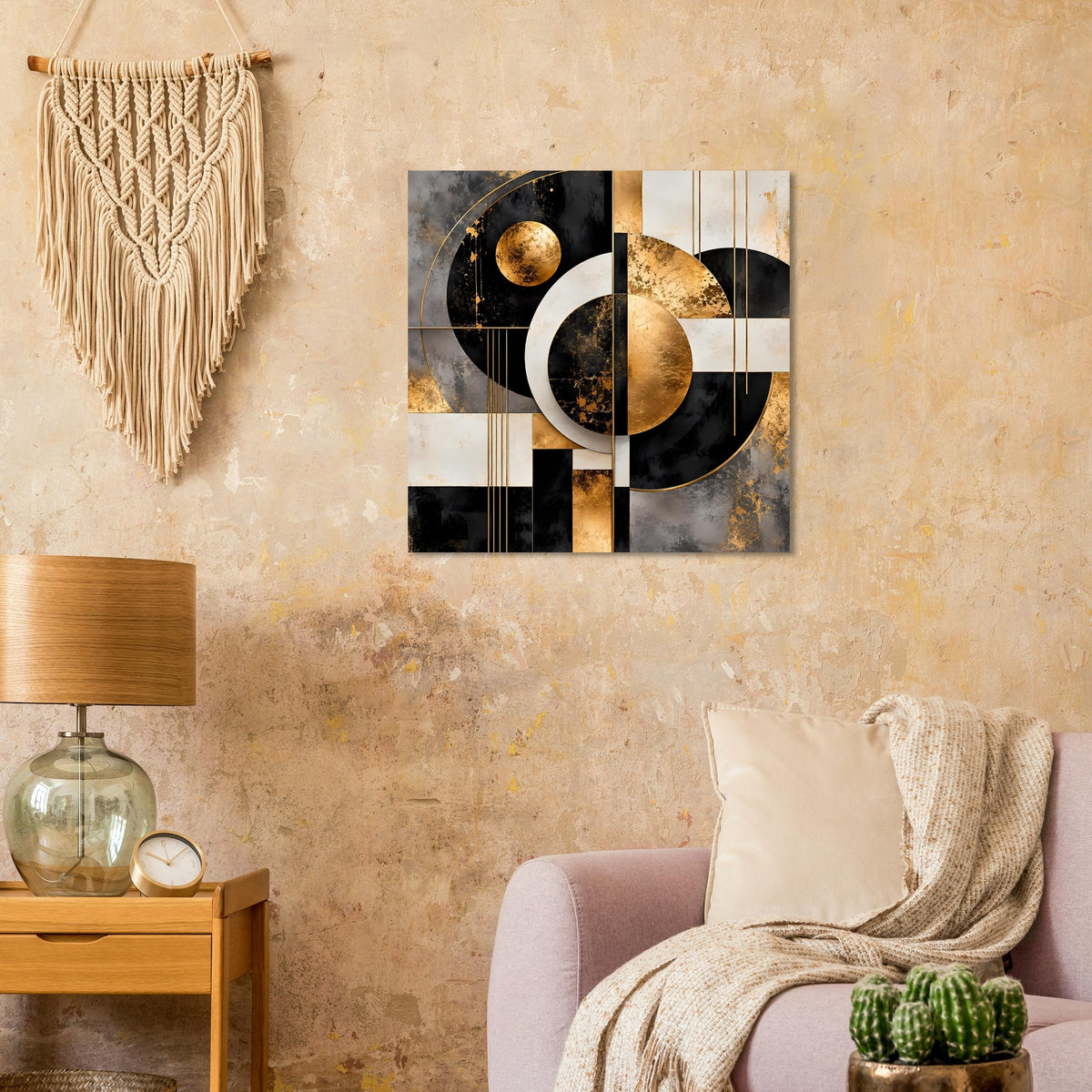 Quadratisches Poster mit goldschimmernden Kreisdetails und geometrischen Mustern in Schwarz/Creme