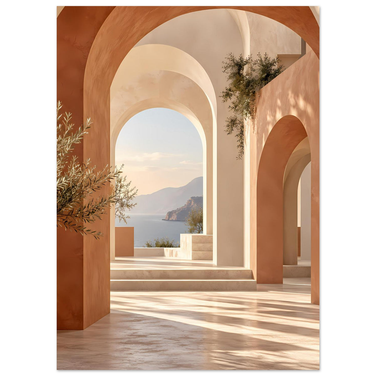Mediterranes Poster mit Rundbogen-Gang, Olivenbaum im Bild links, ruhige Landschaft mit Himmel