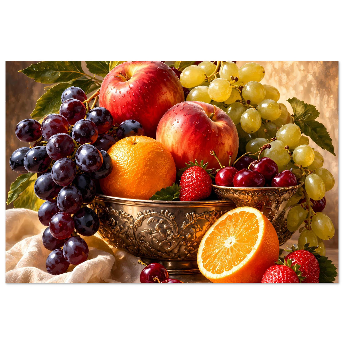 Fruchtstillleben-Poster mit Trauben, Apfel, Orangehälfte und Erdbeeren in dekorativer Schale