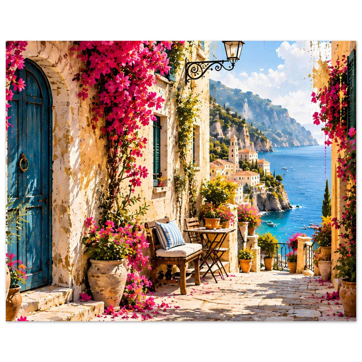 Mediterranes Küstenposter mit pinken Blüten, blauen Türdetails und Blick auf Häuser am Meer