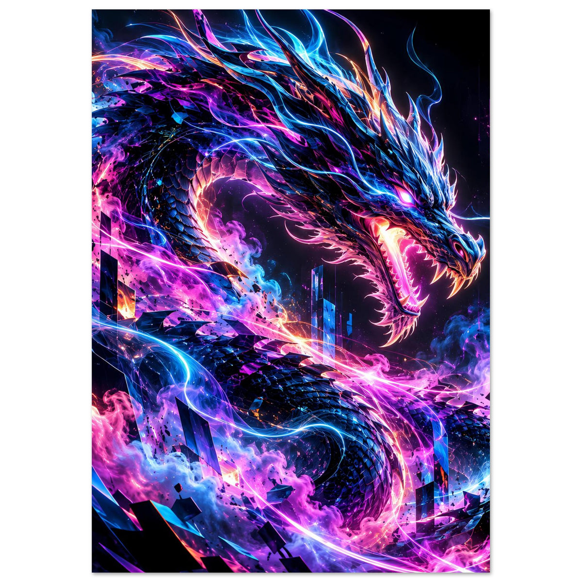 Neon-Cyberdrache-Poster im Hochformat mit leuchtendem Drachenkopf und Energieflammen