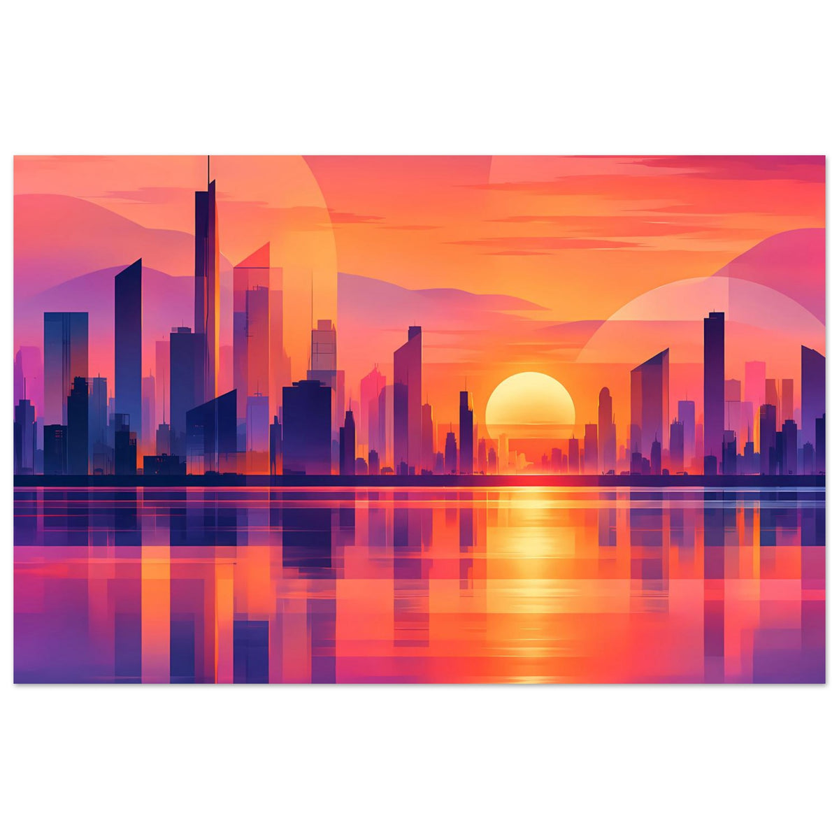 Stadtposter im Querformat mit farbiger Skyline, tiefer Sonne und Wasserspiegelung