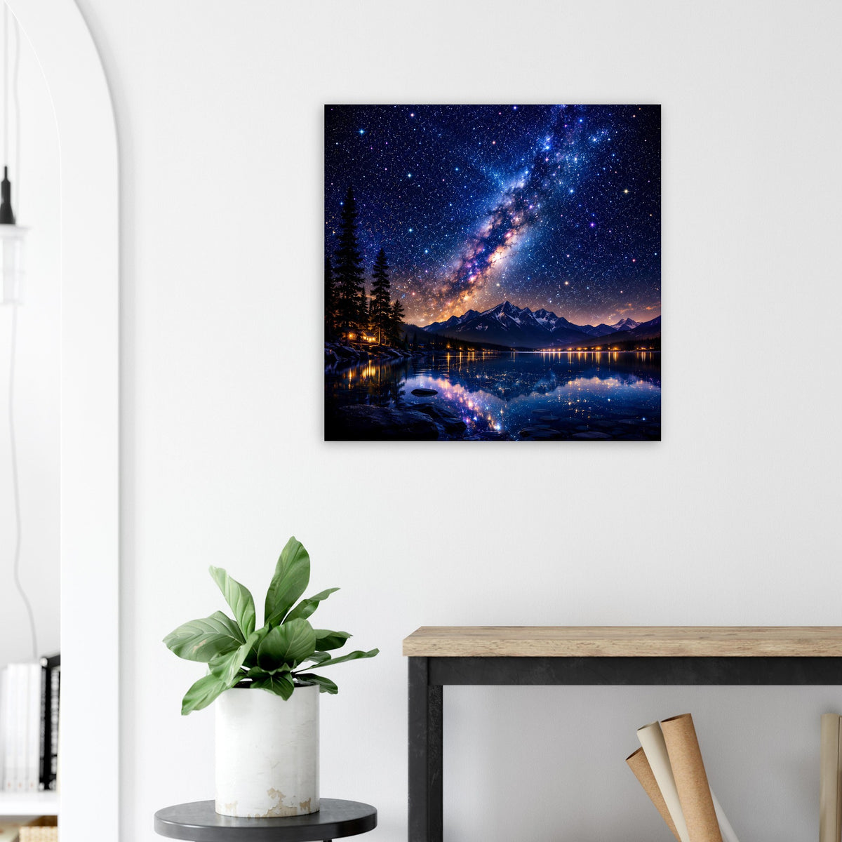 Quadratisches Wandposter mit sternklarem Himmel, Bergsee-Reflexion und Milchstraße im schwarzen Rahmen
