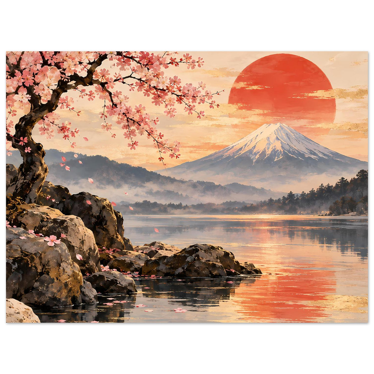 Kirschblüten-Poster im Querformat: blühender Ast, roter Sonnenkreis, Berg und Seeufer mit Felsen