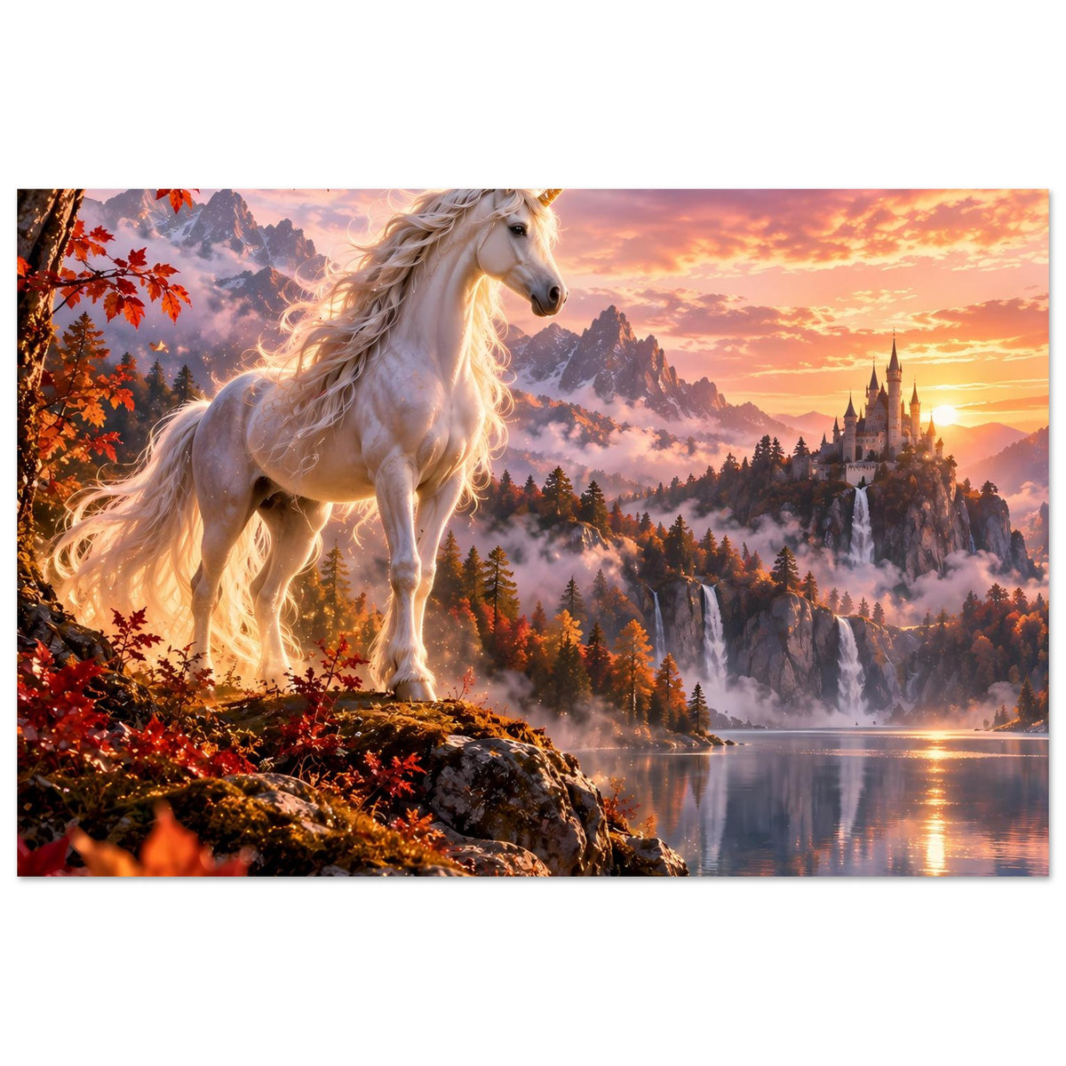 Einhorn-Fantasyposter: weißes Einhorn, Herbstlandschaft mit Wasserfläche, Schloss im Sonnenuntergang
