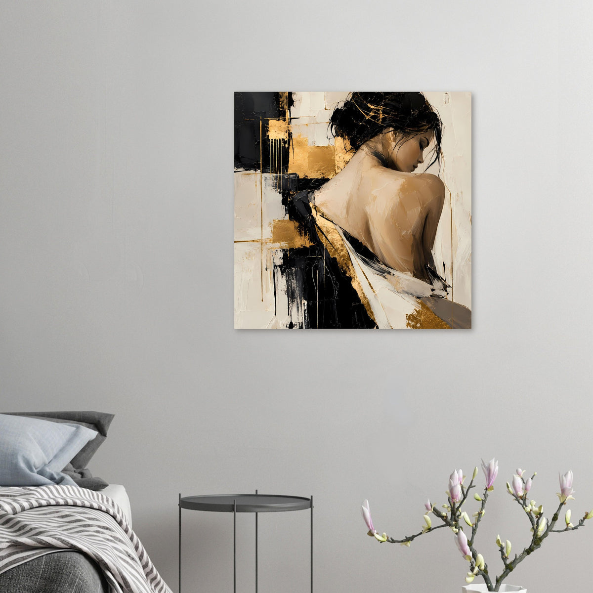 Kleines abstraktes Damenportrait-Poster mit Frau im Profil, Schwarz-, Gold- und Beigetönen