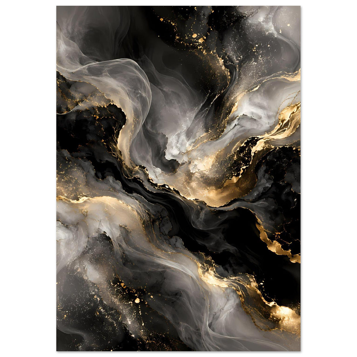Abstraktes Kunstposter im Hochformat: schwarze Flächen, graue Wellen und goldene Einschlüsse