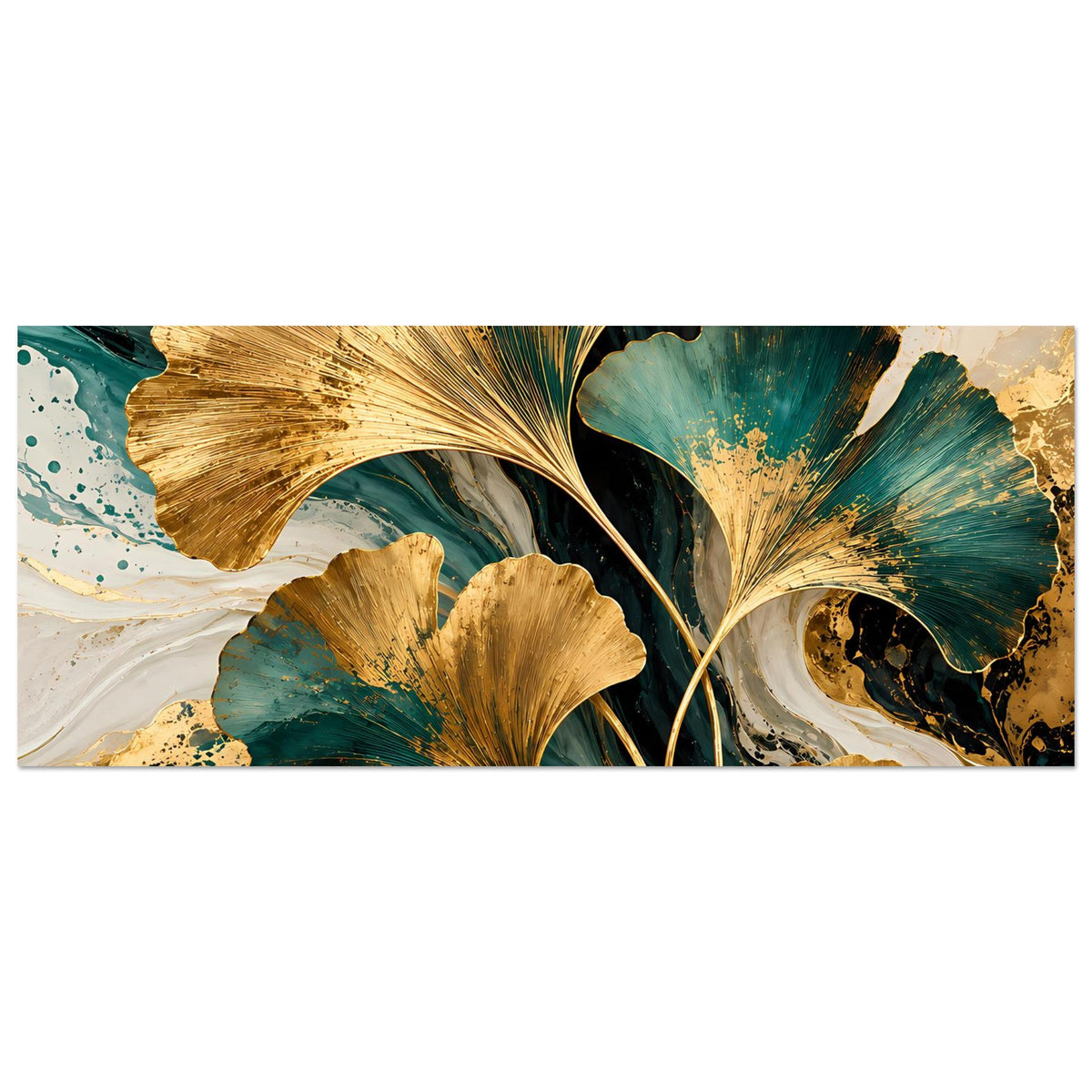 Horizontales Poster mit goldenen Ginkgo-Blättern und türkis-grünen Marmorwirbeln, goldene Punkte