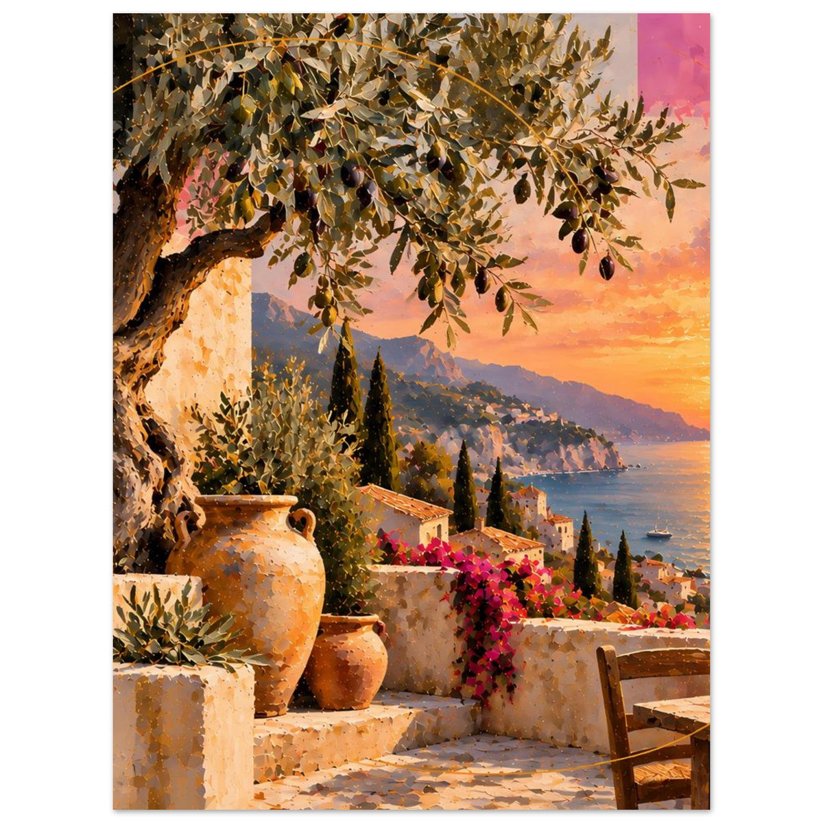 Poster mit mediterranem Sonnenuntergang, Olivenzweigen und Terrassenvasen vor dem Meer