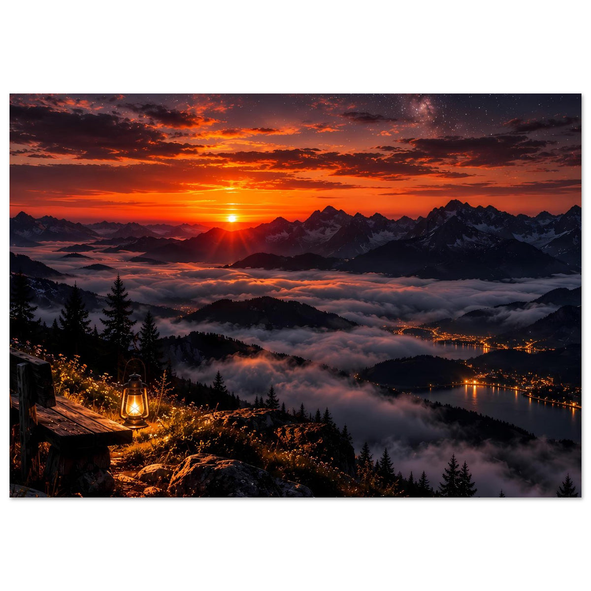 Landschaftsposter: Sonnenaufgang über Bergtal, Nebelmeer, See mit Lichtern, Laterne vorn