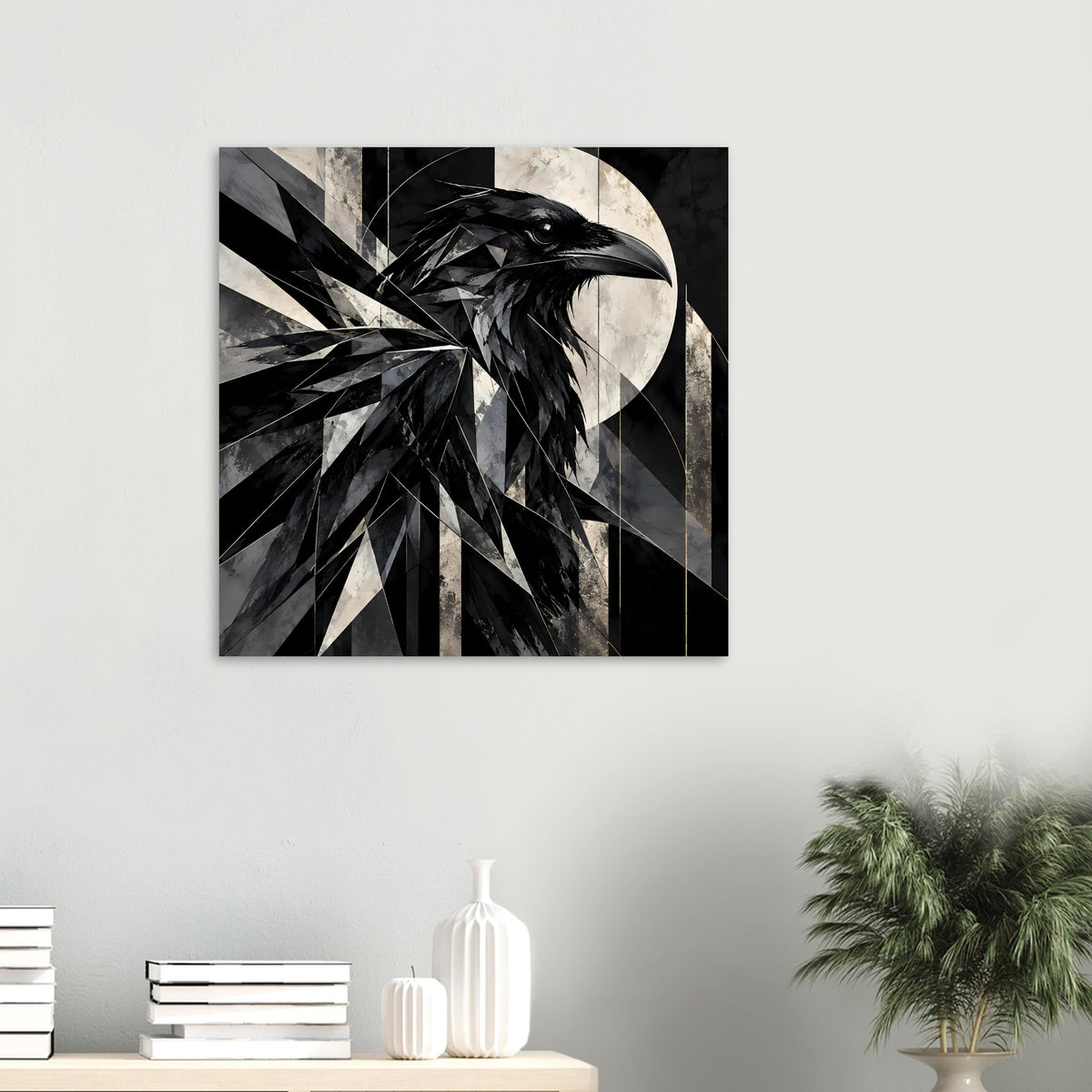 Kunstposter mit geometrischem Raben in Schwarz-Weiß, quadratisches Motiv mit Rabenprofil, Detailansicht