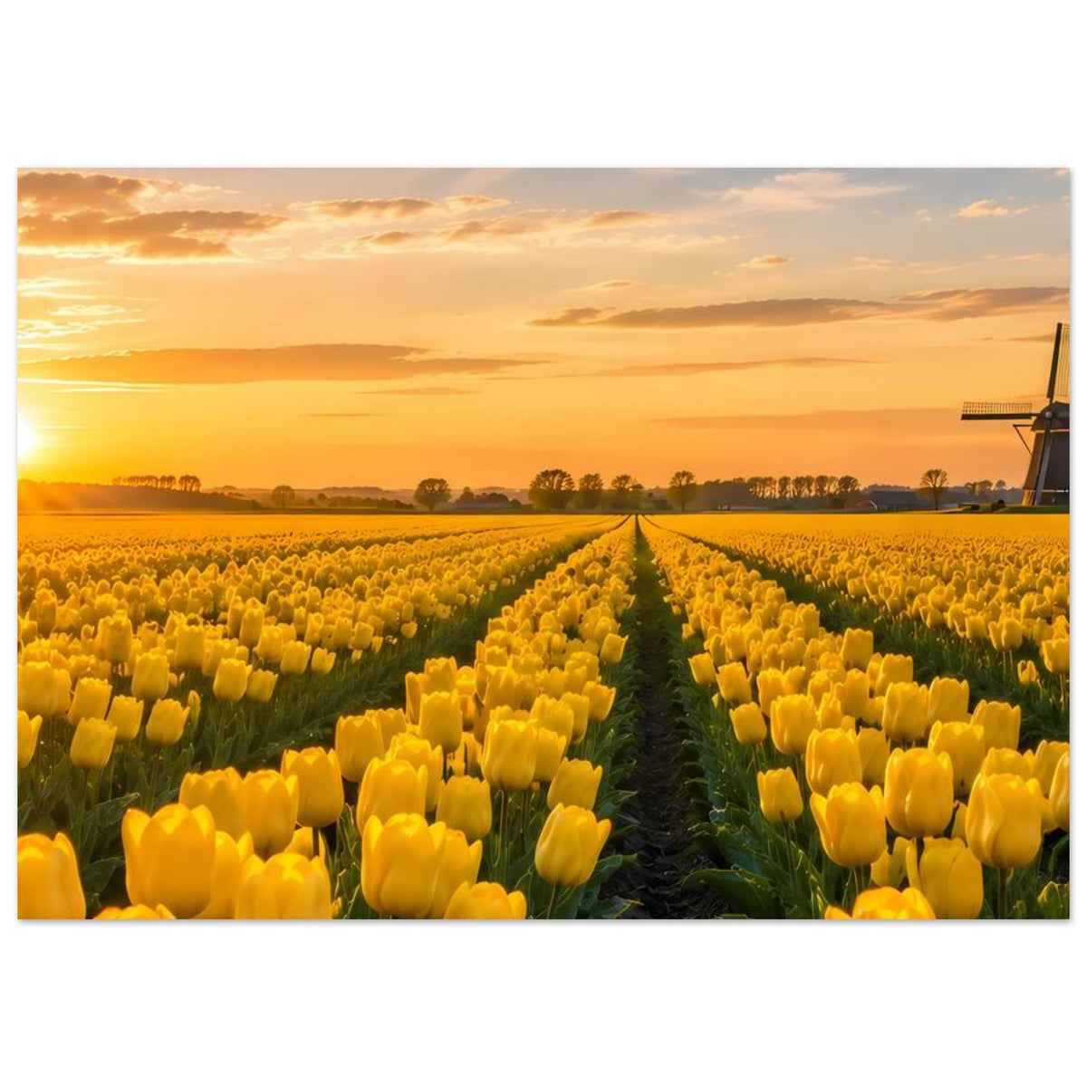 Poster mit gelben Tulpenreihen und mittigem dunklem Feldweg, Windmühle rechts