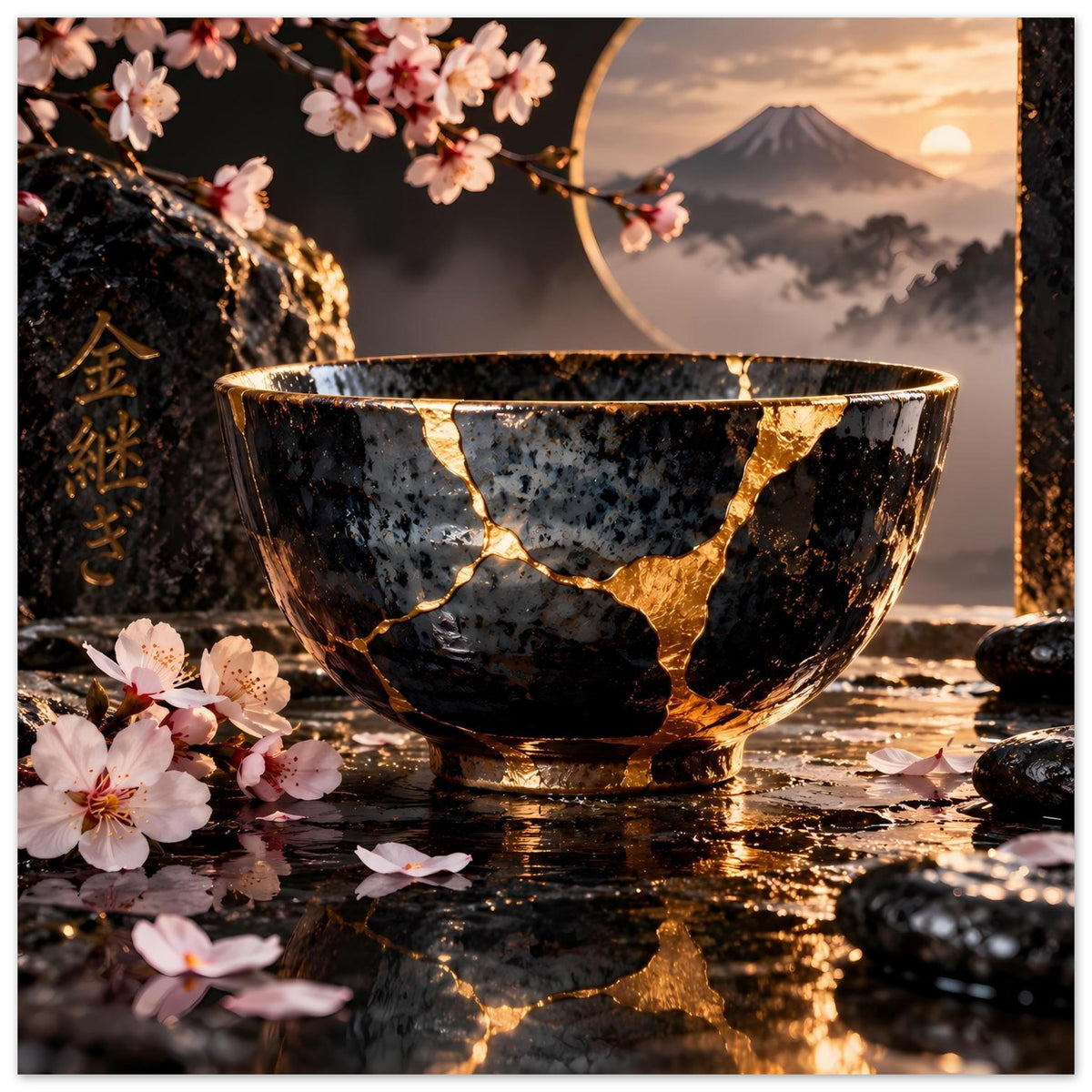 Kintsugi-Elegance-Poster mit schwarzer Schale, goldenen Rissen, Kirschblüten und Berg
