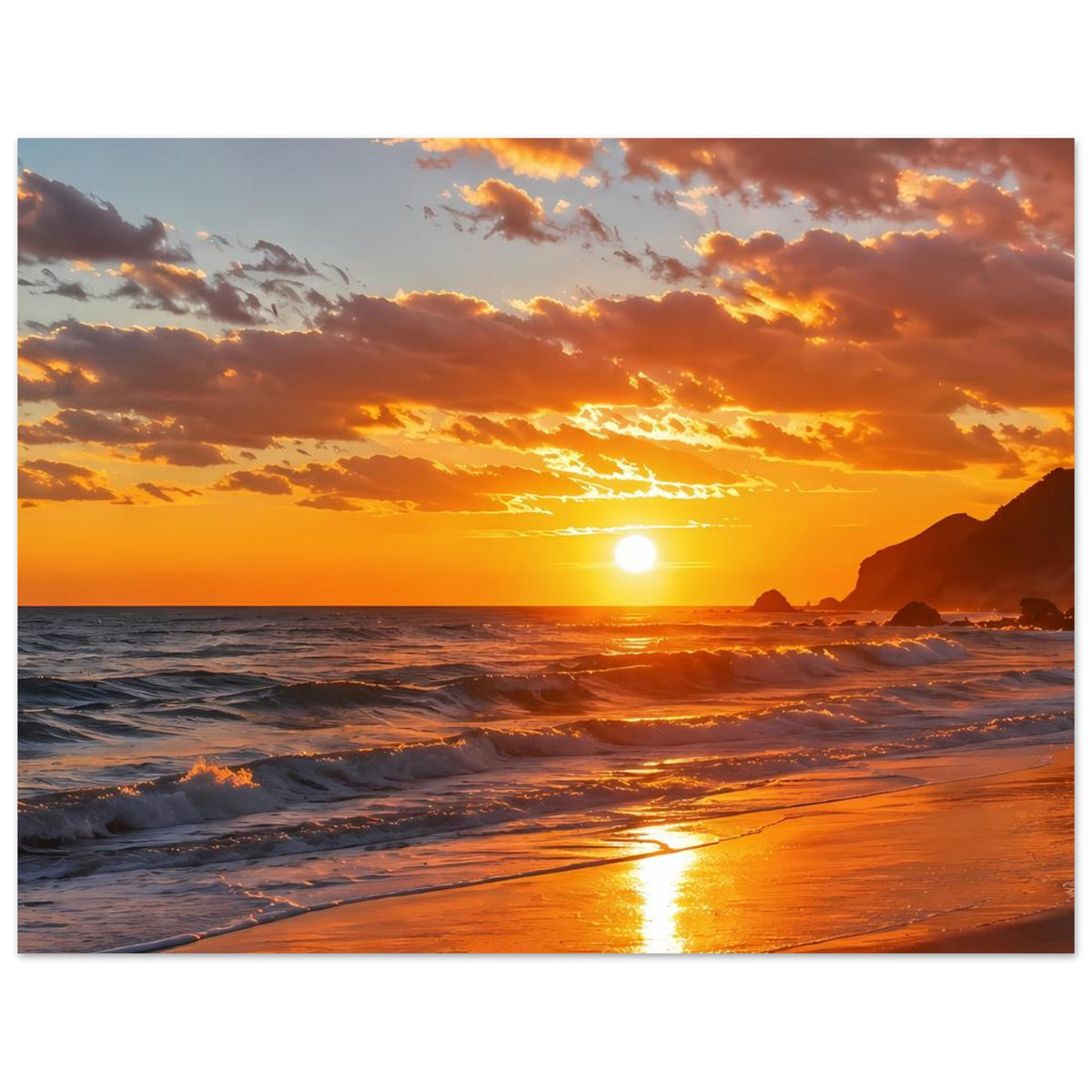 Horizontales Strand-Sonnenuntergangs-Poster mit leuchtender Sonne und goldenem Lichtpfad auf dem Meer