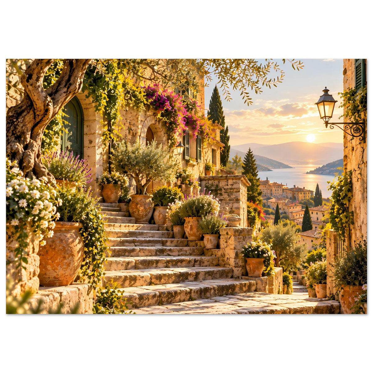 Poster im Querformat: mediterranes Treppenmotiv mit Blumentöpfen, Laterne und Sonnenuntergang