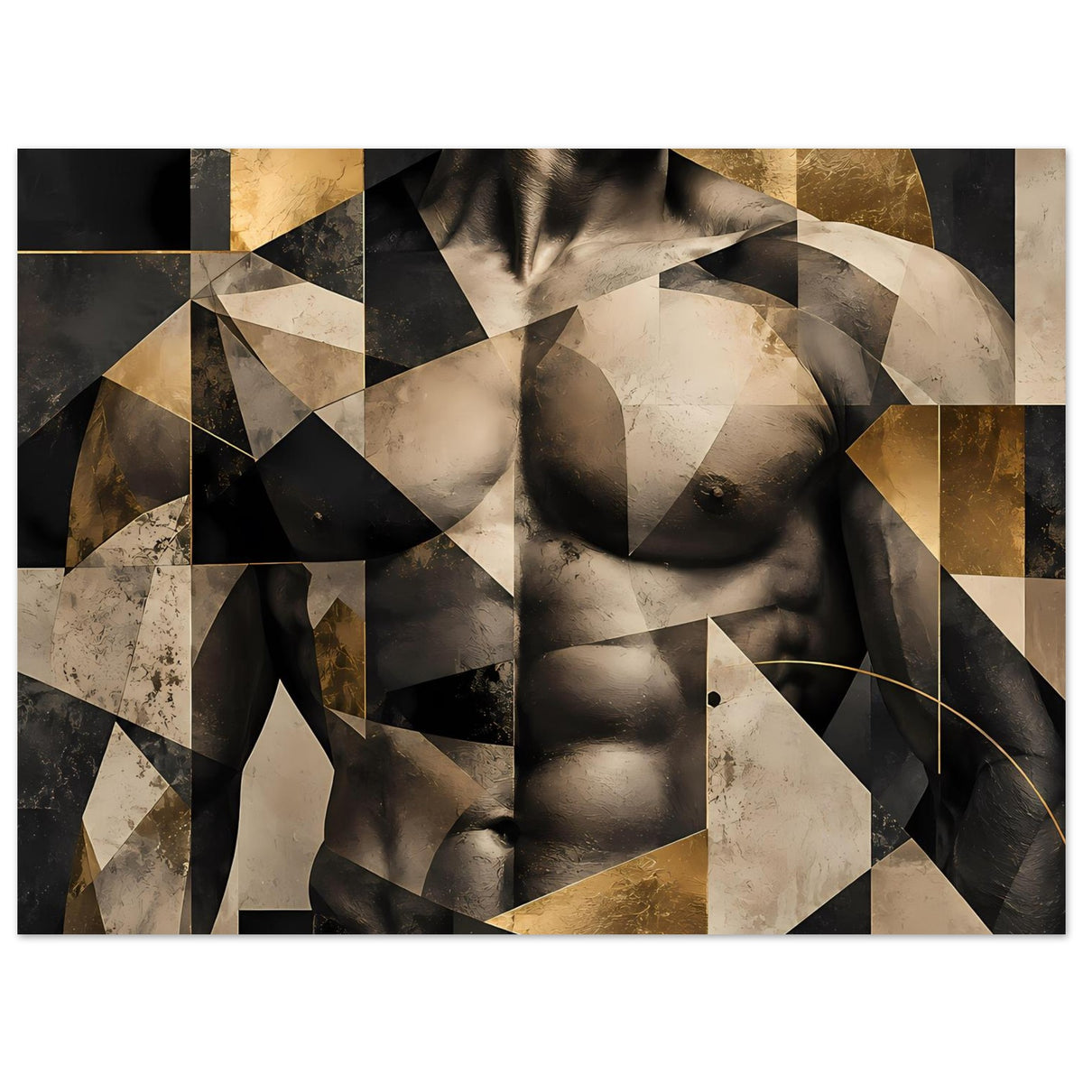 Abstraktes Aktkunst-Poster mit geometrischen Segmenten in Schwarz, Beige und Gold, oben betont