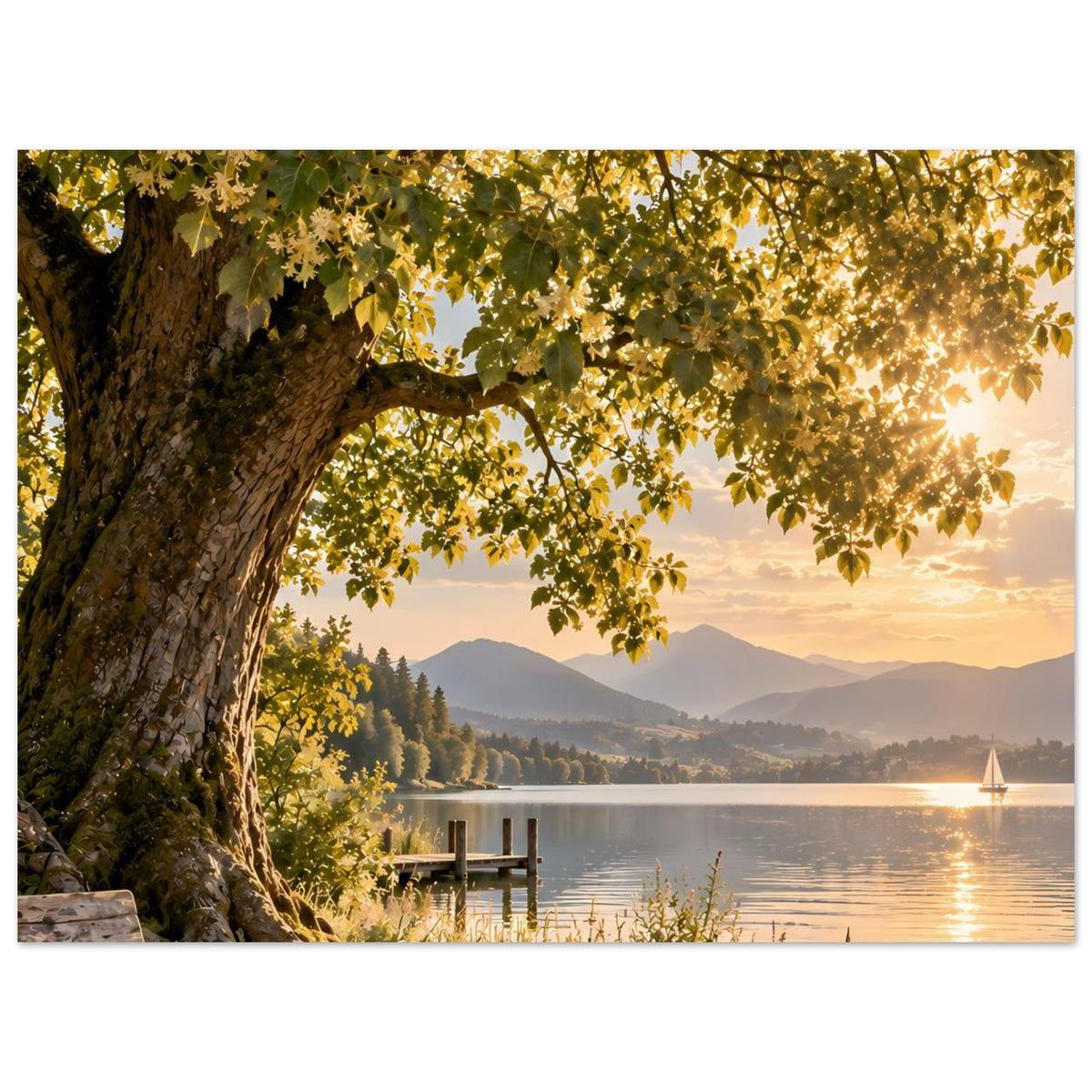 Naturposter: Baumstamm und Blätter rahmen See mit Steg, goldene Lichtspuren
