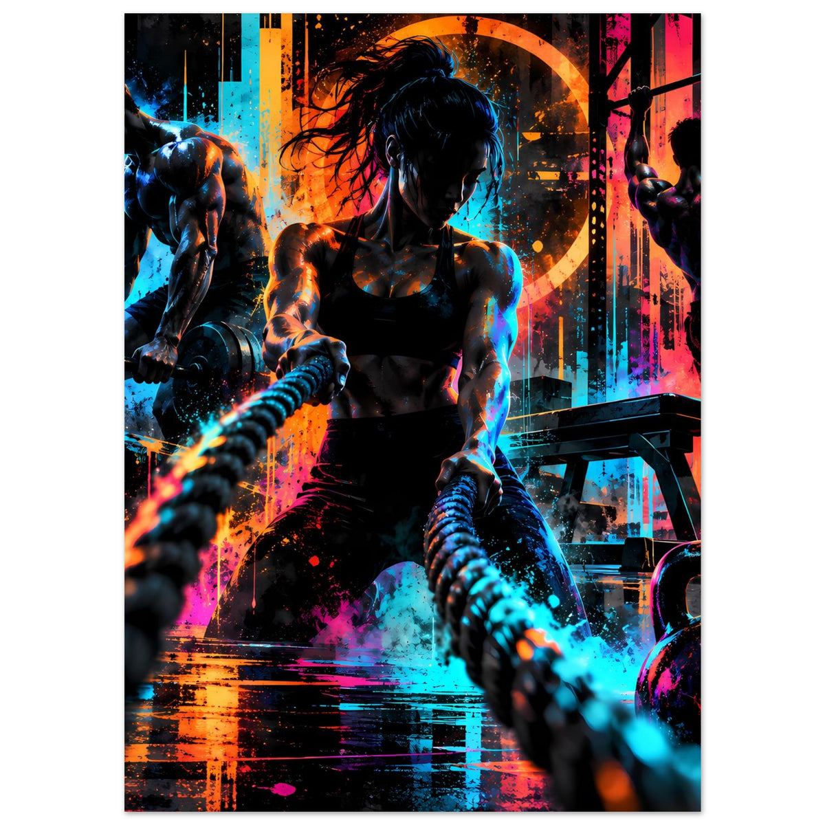 Neon-Fitnessposter mit Sportlern und Gewichten, orange-blaue Akzente, leuchtender Hintergrund