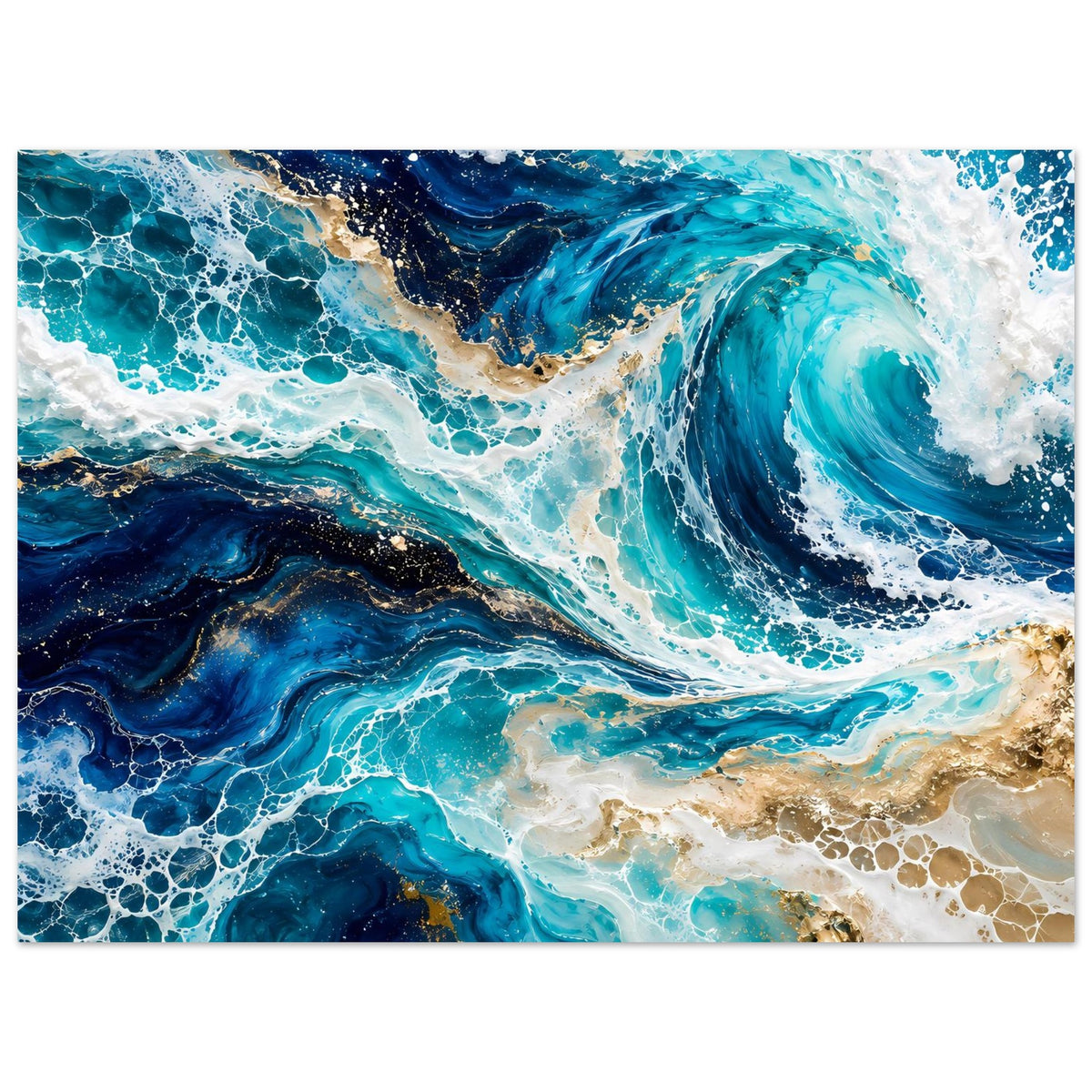 Horizontales Wellenkunst-Poster mit kräftig blauen Wellen, türkisfarbener Gischt und Goldtönen