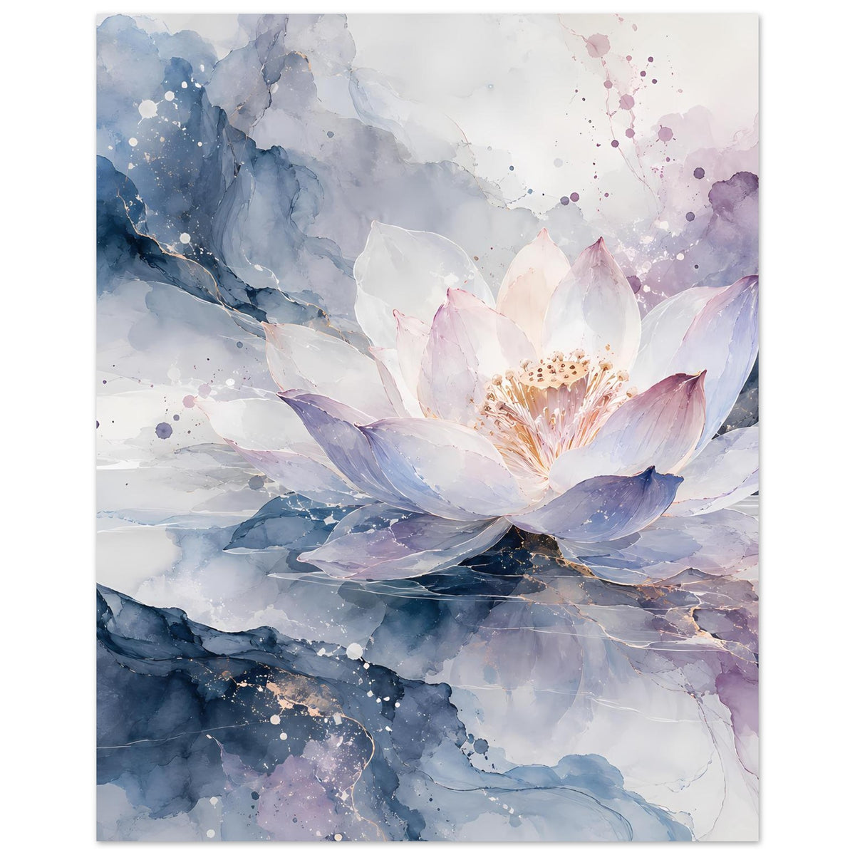 Lotusblütenposter im Hochformat mit weißer Blüte, blauem Gesteins-/Wolkenlook und Lila-Punkten