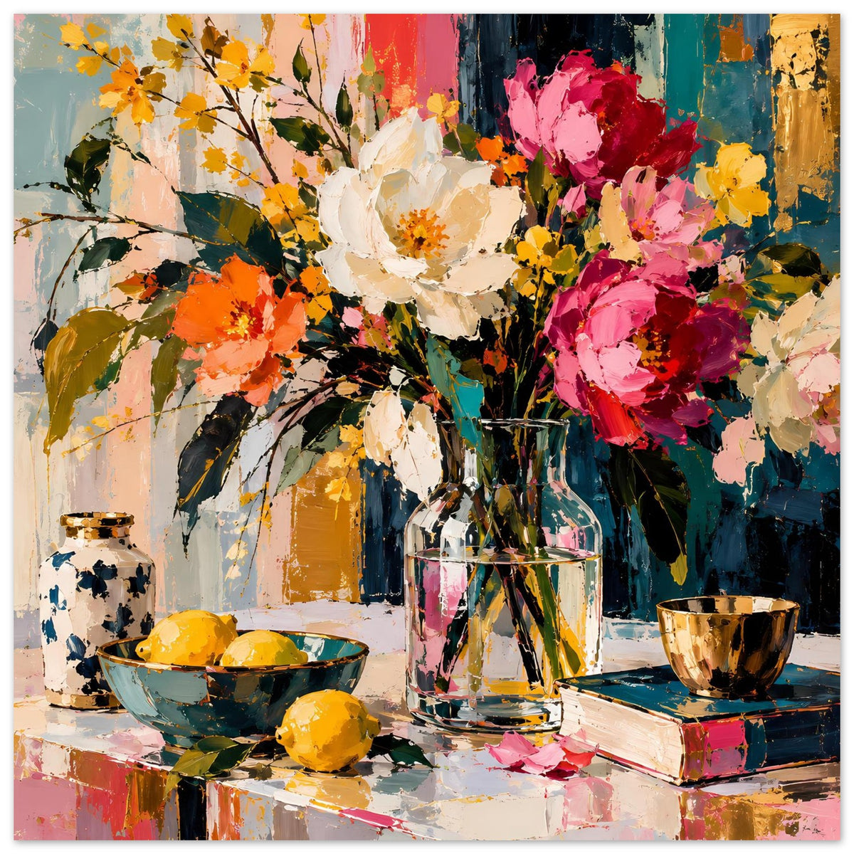 Blumenstillleben-Poster mit kräftigen Blüten, Glasvase und mehreren Schalen auf Tisch.
