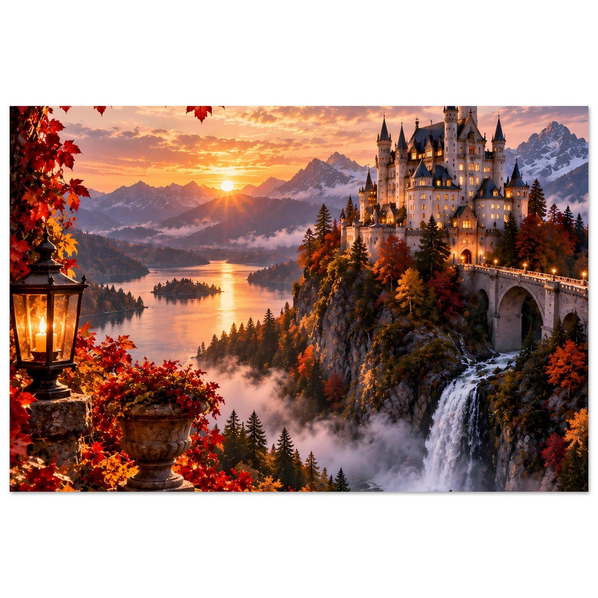 Querformat-Herbstposter: Schloss am Hang, Nebel über dem See, Wasserfall im Hintergrund