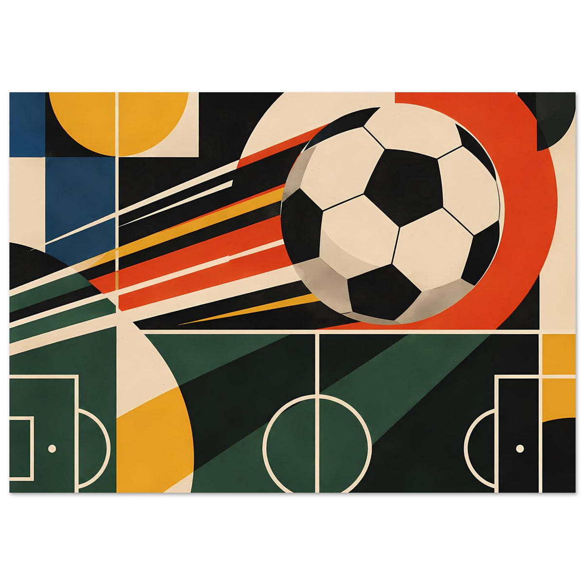 Fußballkunst-Poster im Rahmen: großer Ball, geometrische Linien und Formen in Rot, Blau, Grün.